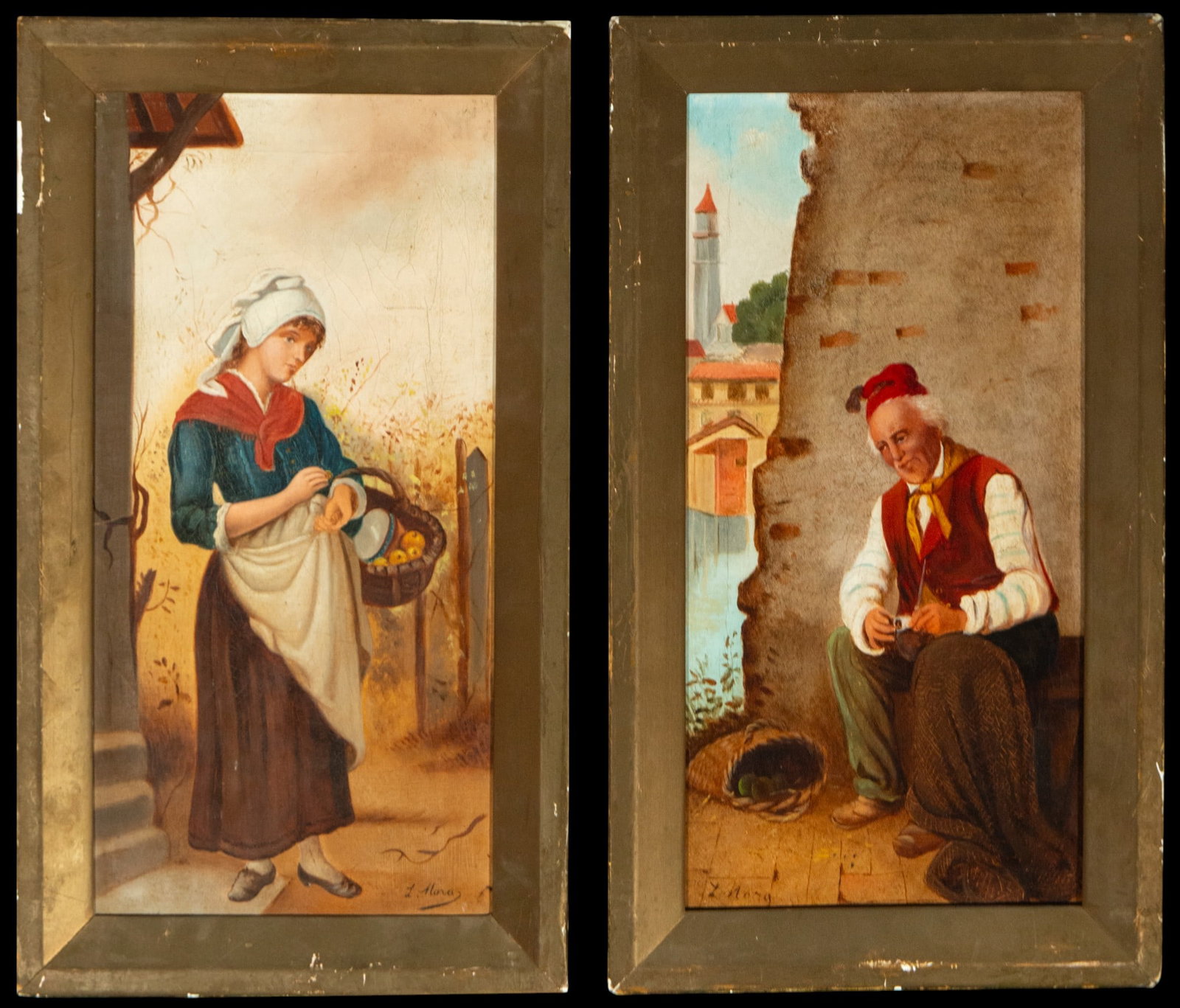 Peasant scene. Signed Z. Moras. Spanish School. 19th century: Oil on canvas. Dimensions: 41 x 20 cm (unframed); 47 x 27 cm (framed). A costumbrista scene depicting two figures in a peaceful moment: a peasant woman with a basket of fruit and an old man sitting by