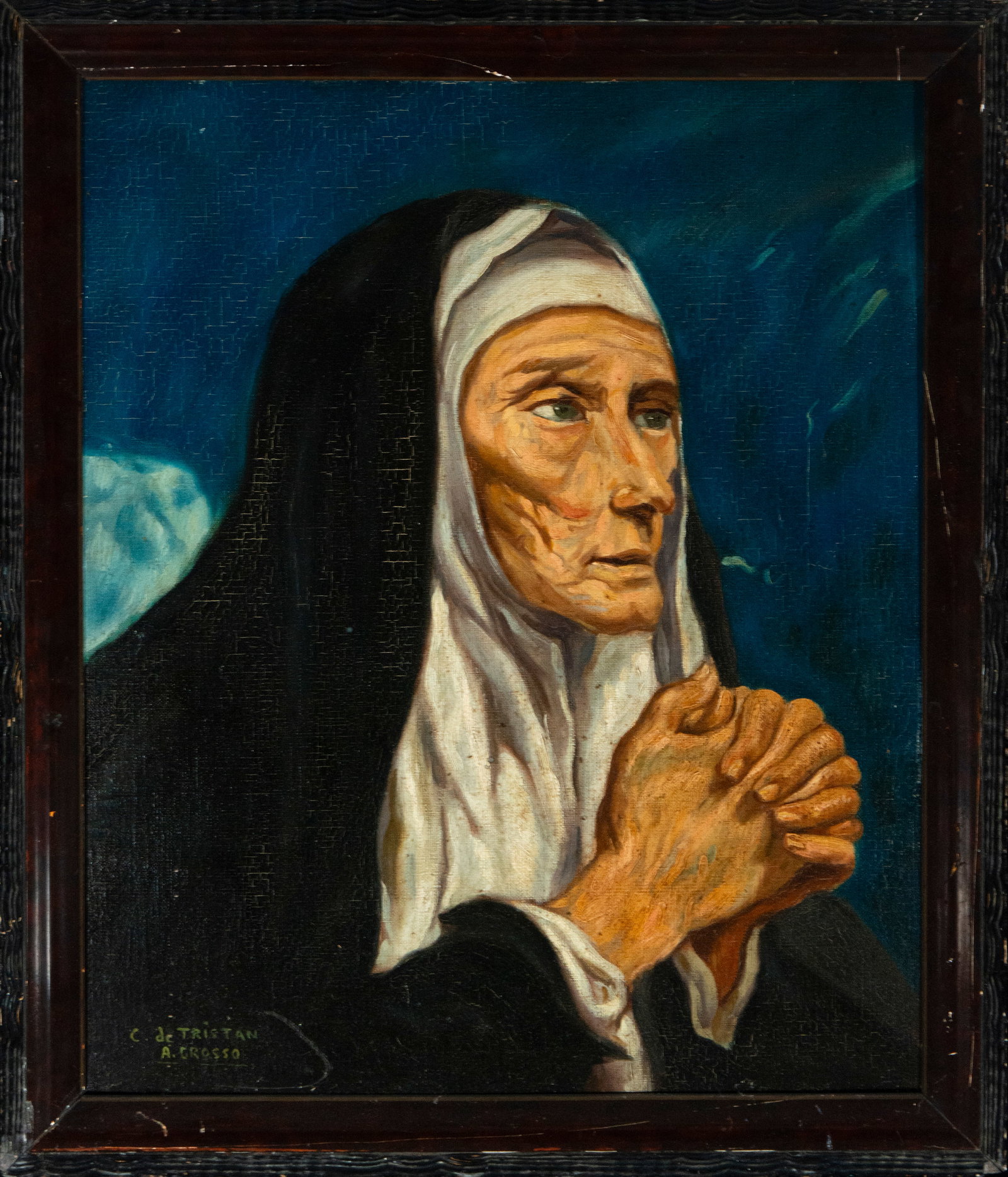 Saint Teresa. Copy by Luis Tristán. Signed Antonio Grosso. Spanish School. 20th century.: Oil on canvas. Dimensions: 50 x 40 cm (unframed); 57 x 47 cm (framed). Depiction of Saint Teresa of Jesus in a prayerful attitude, her face charged with mysticism and profound inner expression. The nu