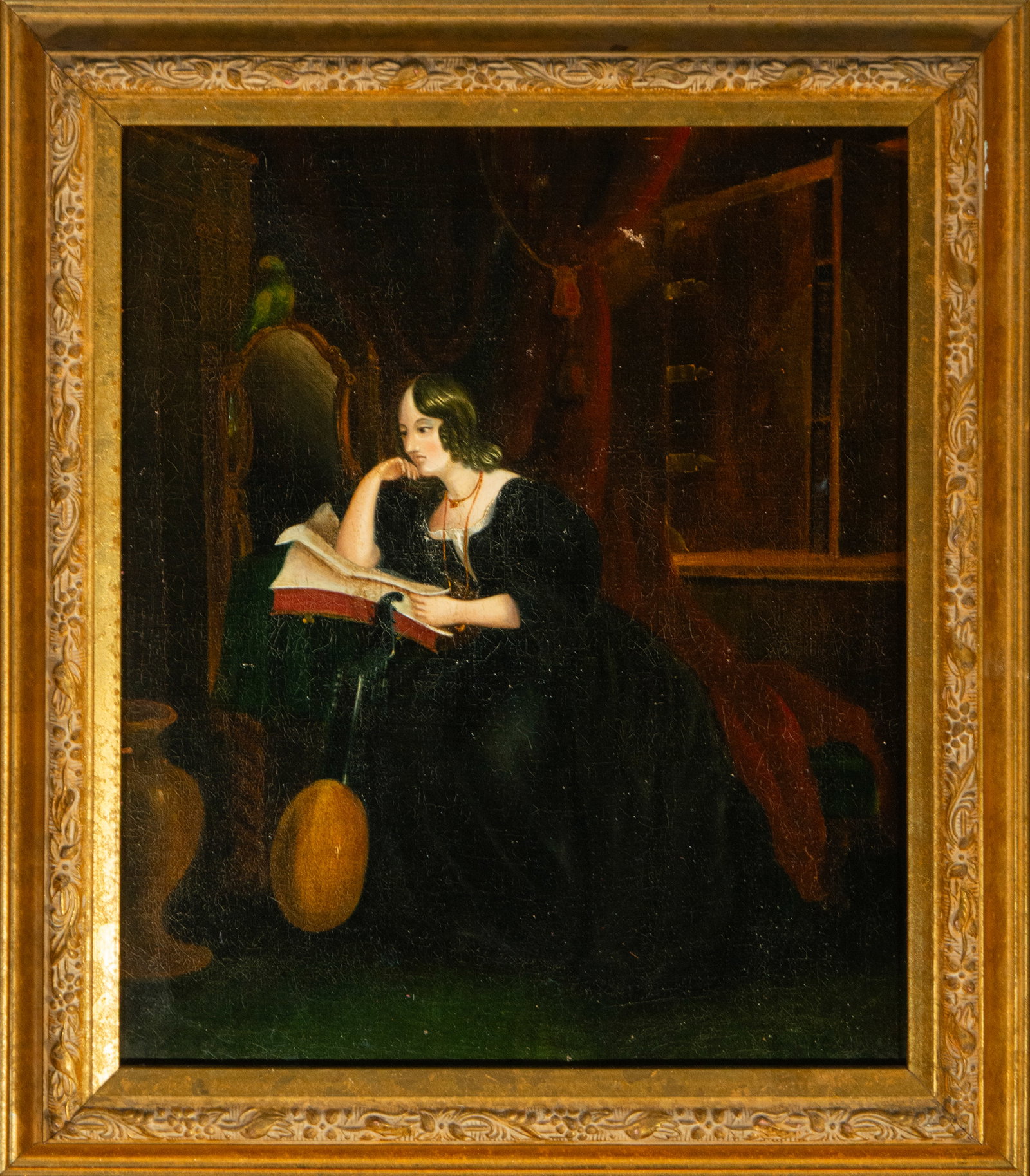 Woman reading. English School. 18th century: Oil on canvas. Dimensions: 32 x 25 cm (unframed); 40 x 35 cm (framed). In an elegant interior, a young woman dressed in dark clothing sits thoughtfully, holding an open book. The scene, imbued with in