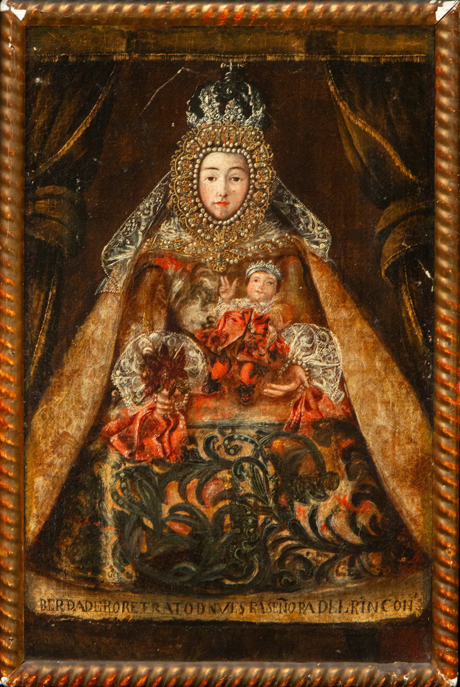 Our Lady of Rincón. Viceregal School. 17th century.: Oil on canvas. Devotional image of Our Lady of Rincón, a Marian devotion depicted in portrait format, in a frontal position with the Child Jesus enthroned on her lap. Both figures are dressed in impe