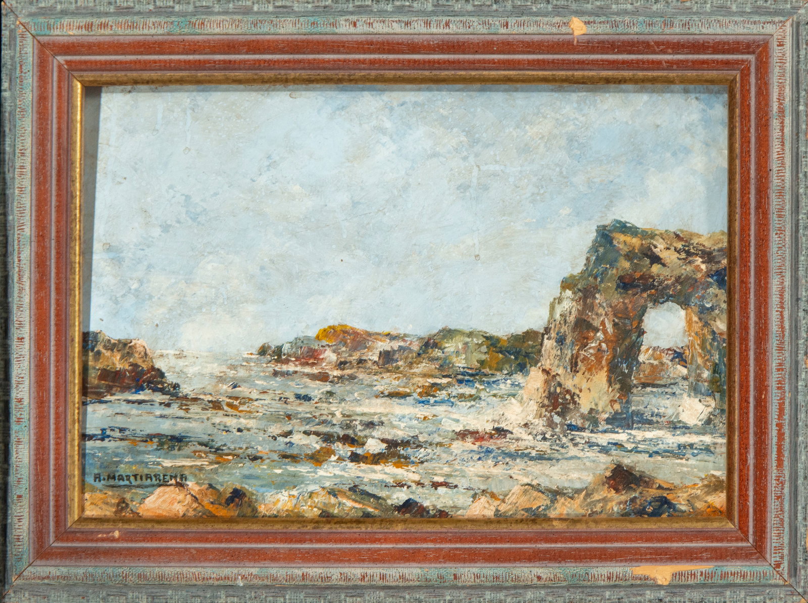 Coastal Landscape. Signed H. Mattiarrena. Basque School. 19th-20th century.: Oil on panel. View of a rocky coastal landscape with a rough sea, featuring a natural arch-shaped formation along the shoreline. The brushwork is vibrant and impasto, with superimposed layers that add