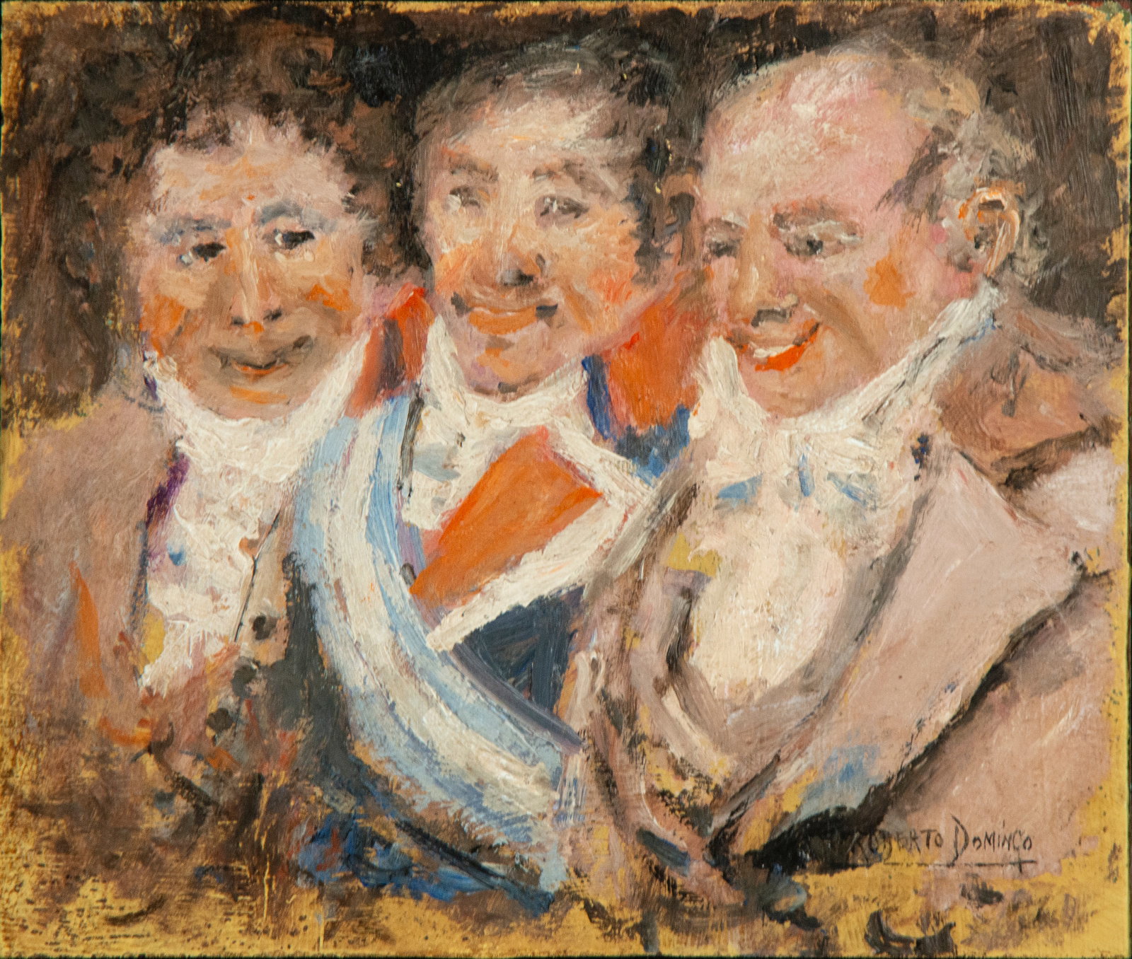 Characters. Signed Roberto Domingo. Spanish School. 20th Century: Oil on panel. Three half-length male figures, smiling and dressed in elegant period attire, occupy the compositional space with great expressiveness. The vibrant style and loose brushwork give the wor