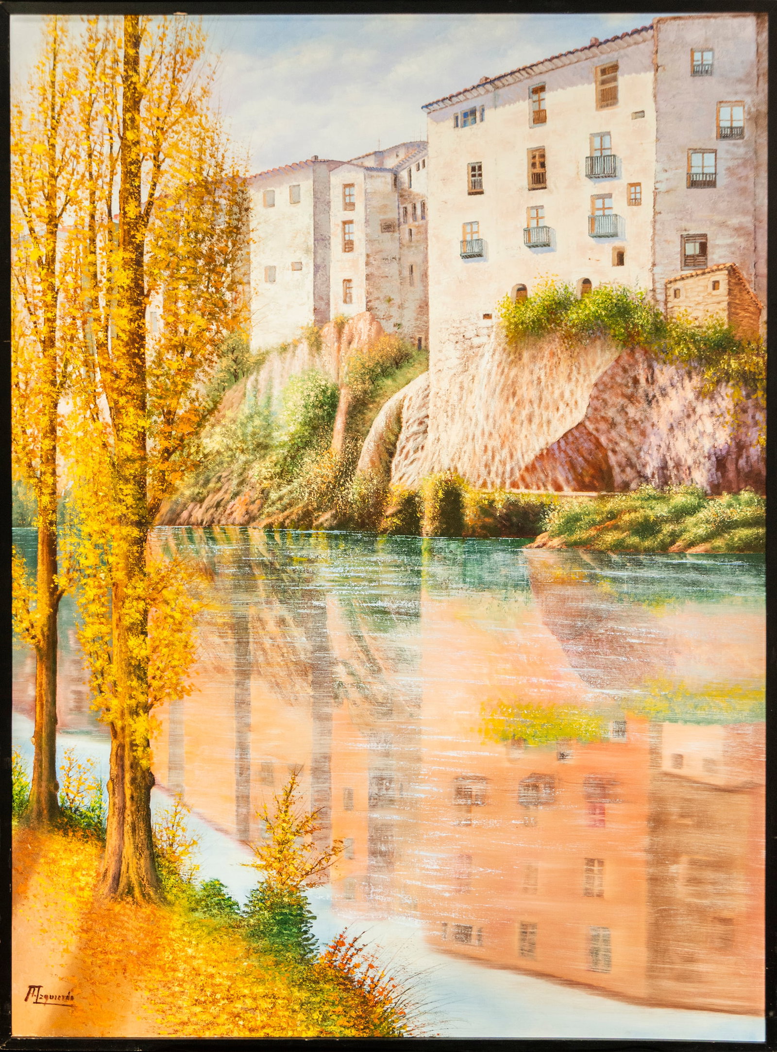 Houses of Cuenca - Izquierdo - Spanish School 20th Century: Oil on canvas, Measurements 144x112 cm (148x116 cm)
