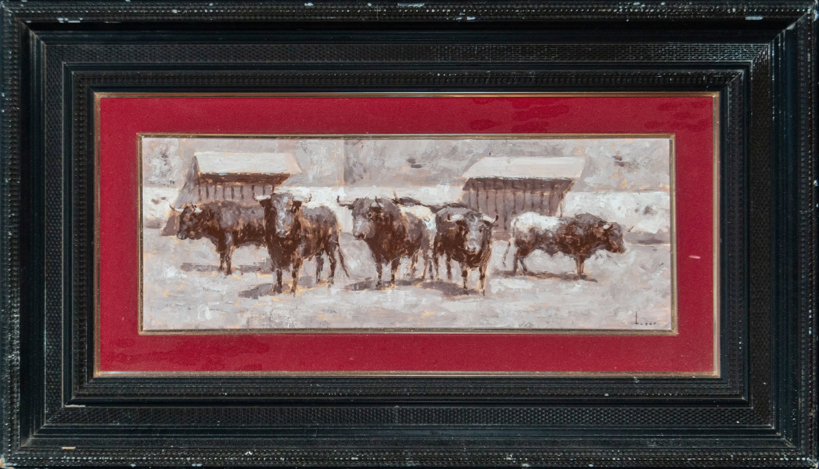 Bullfighting scene signed 20th century, JOSE MARIA TUSET VAZQUEZ (firmado): Oil on canvas, 65 cm x 24 cm, 98 cm x 56 cm.