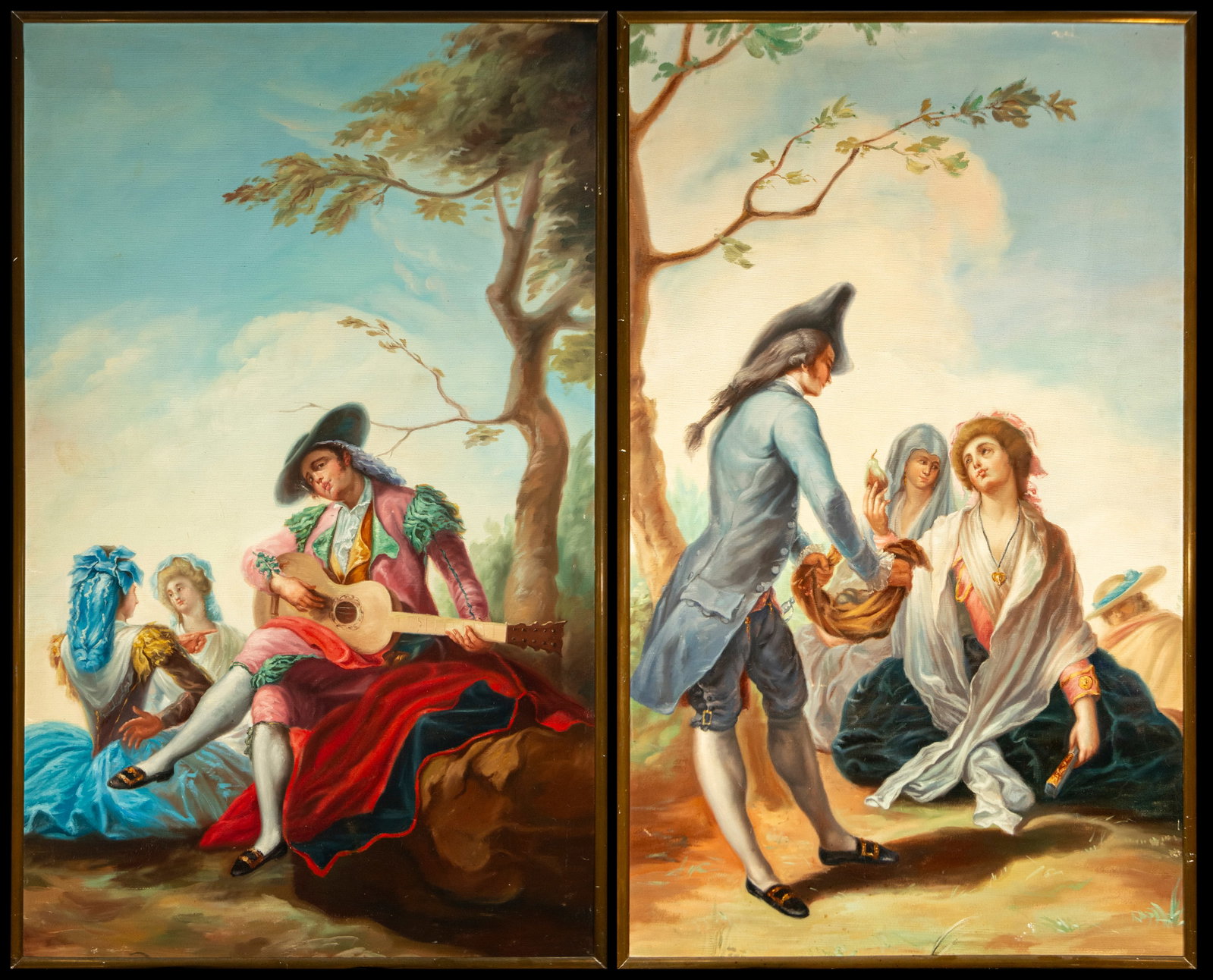Pair of large oil paintings on canvas depicting Goyaesque scenes: Oil on canvas, 163 cm x 99 cm, 166 cm x 104 cm.