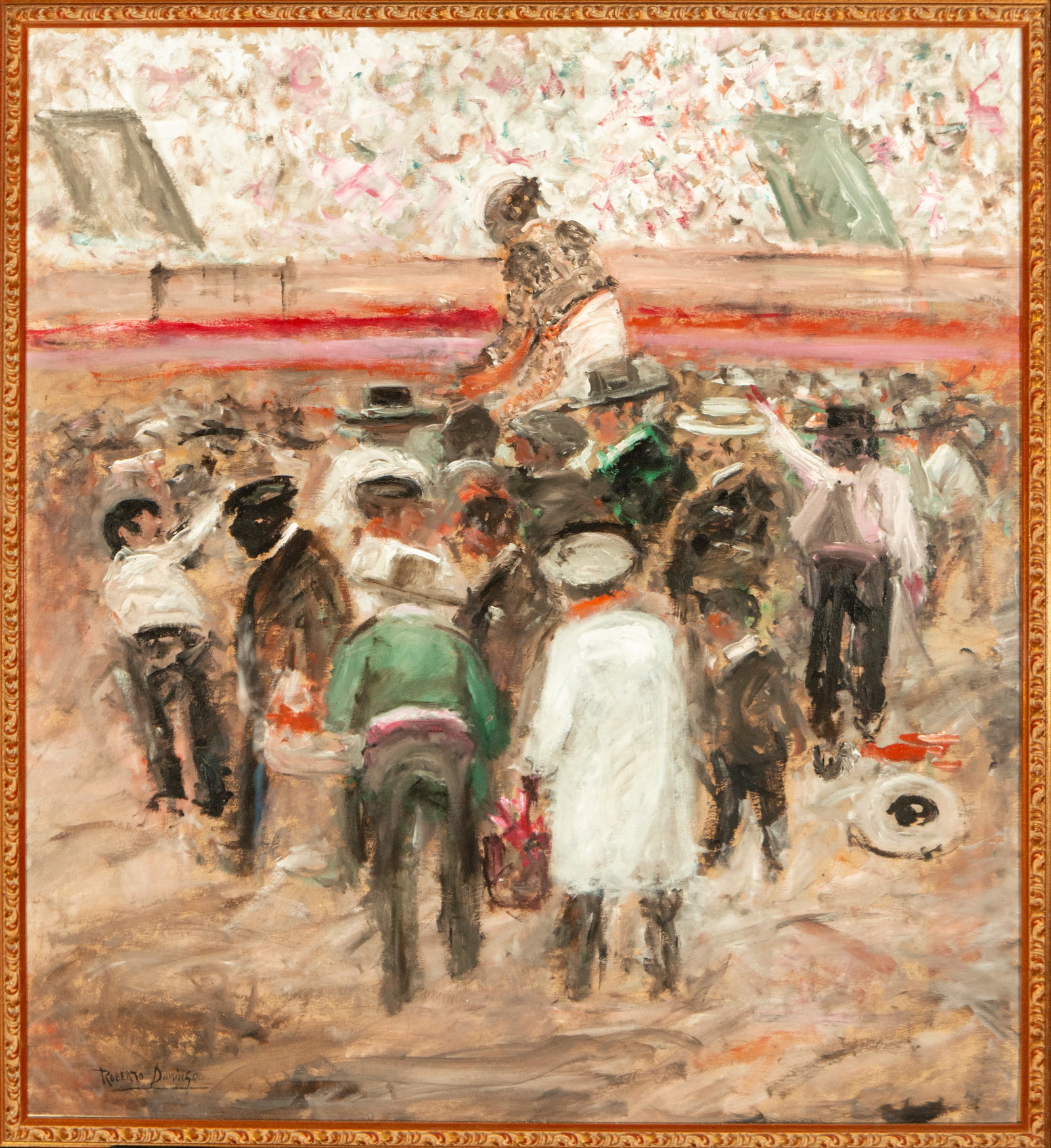 Oil on cardboard bullfighting scene signed, Roberto Domingo: Oil on cardboard, 76 cm x 69 cm.