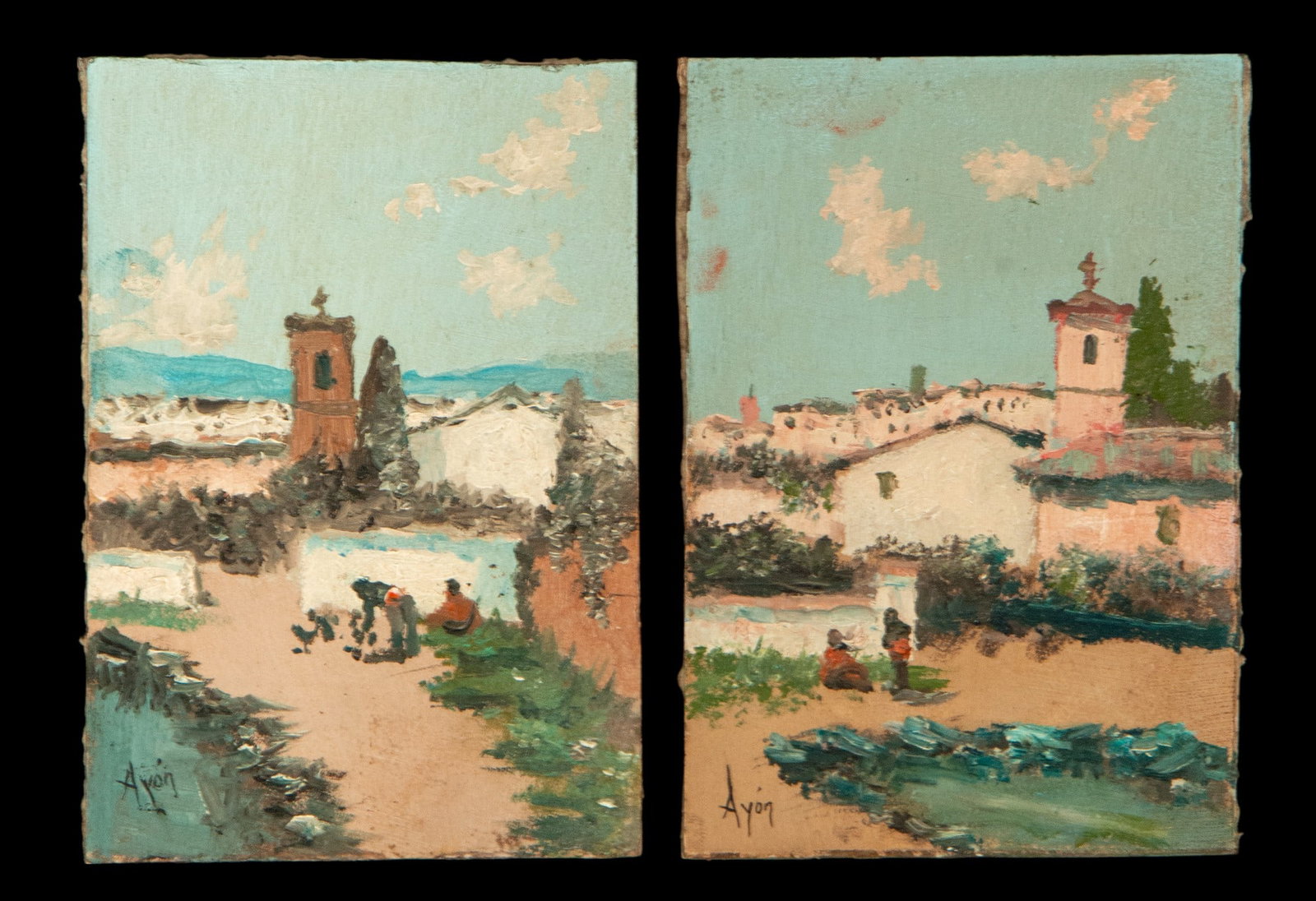 Pair of landscapes Signed ?lvarez Ayón Spanish School 19th Century: Oil on cardboard. Two complementary scenes depict rural settings with folk architecture and bell towers emerging from fluffy clouds. In one, a path leads to a scene of figures next to a wall and cypre