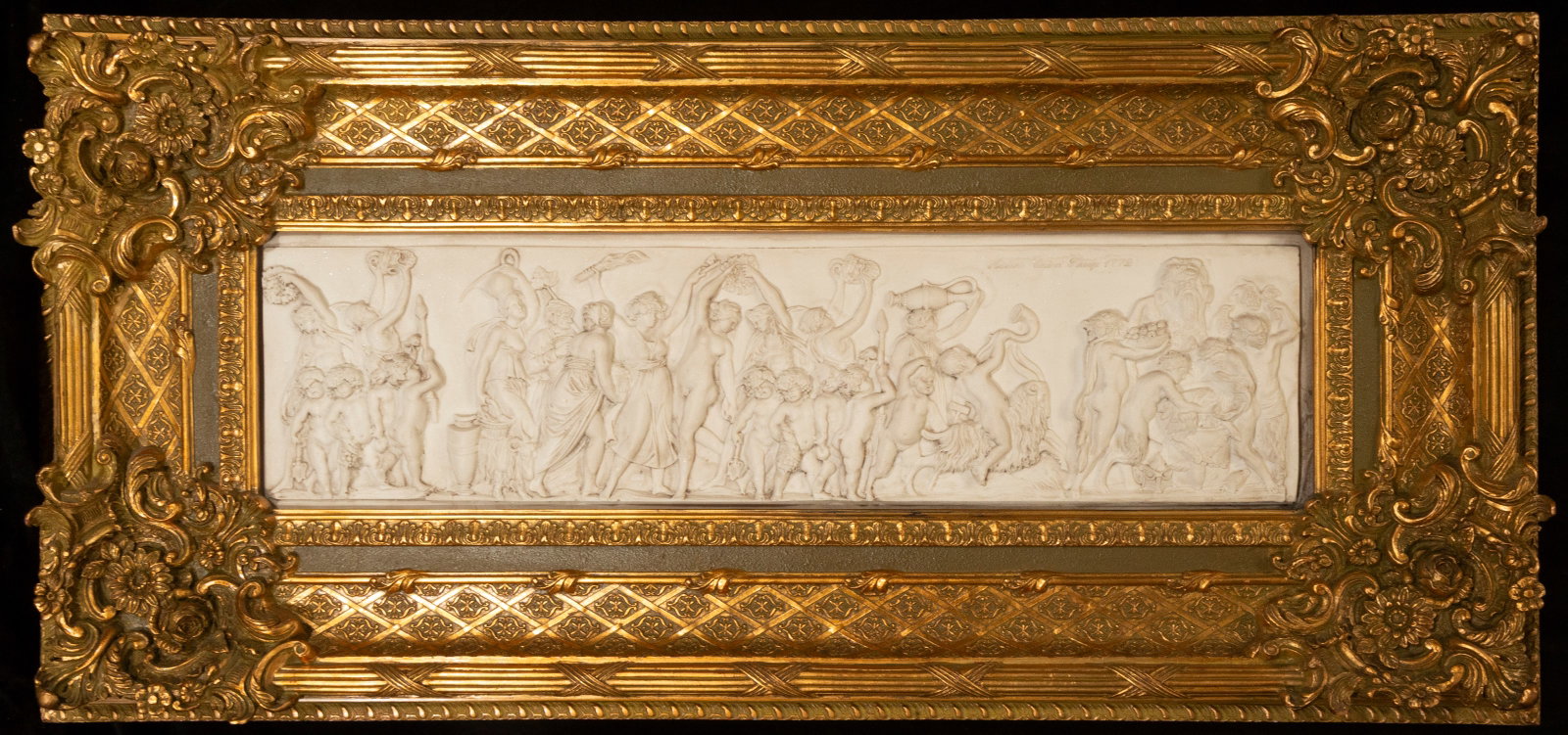 Biscuit porcelain relief. Signed Adriano Cecioni. Italian School. 19th century.: Biscuit porcelain with applied enamel and gold molding. The relief depicts a vibrant Bacchanalian scene in which a multitude of mythological and human figures intertwine in a festive procession. Fauns