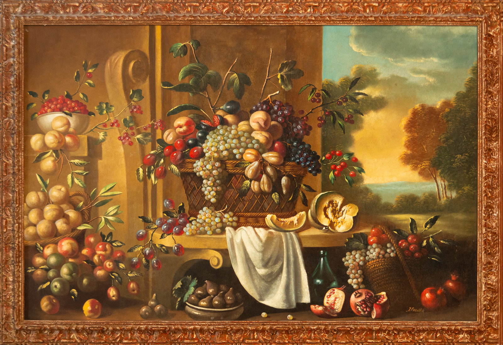 Large and decorative Italian fruit still life under "Capriccio" Juan Padilla, 19th Century: Oil on canvas. Measurements: 147 cm x 97 cm and 162 cm x 113 cm