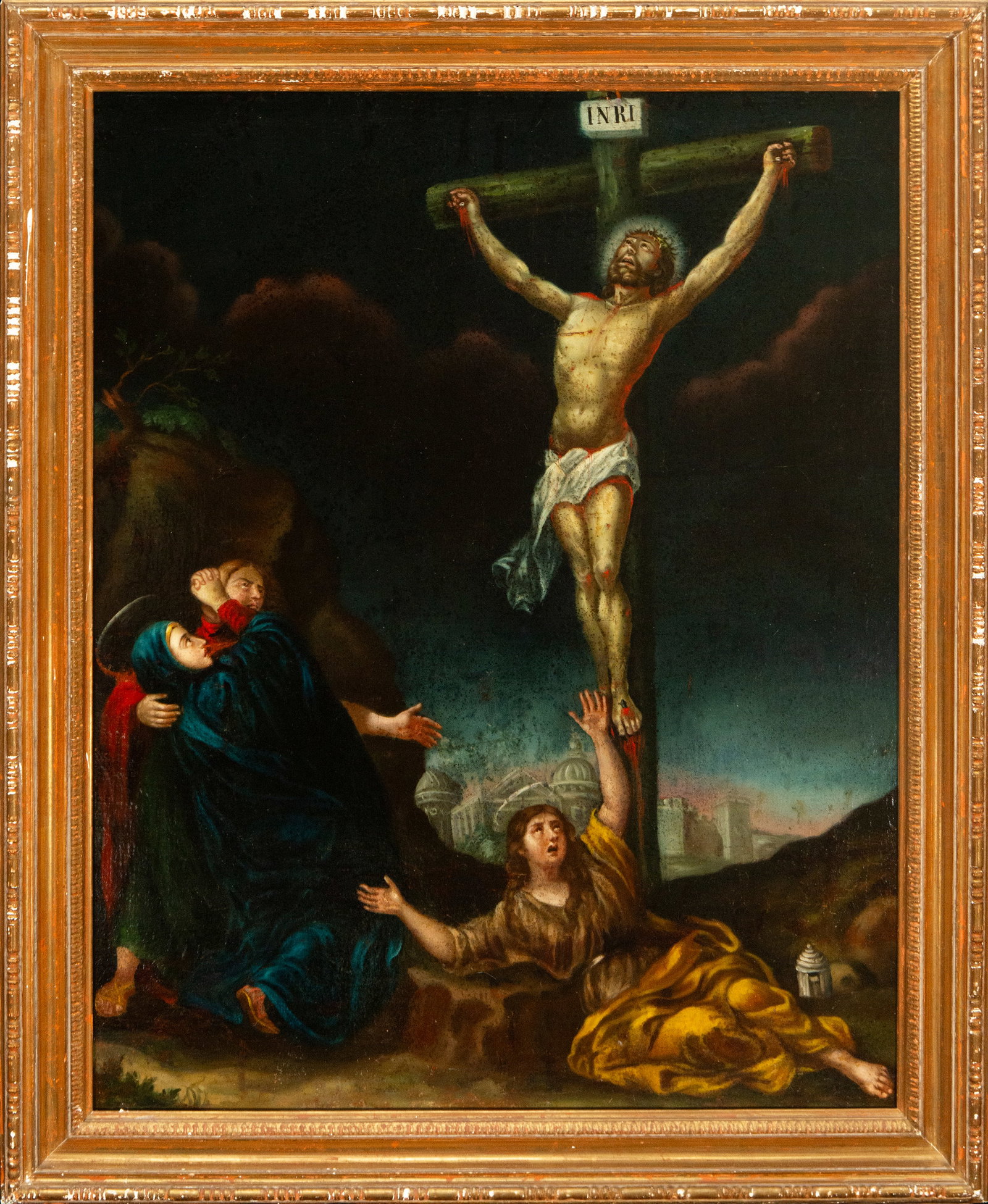 Italian-Flemish Calvary from the late 17th century: Oil on canvas. Measurements: 83 cm x 66 cm and 95 cm x 79 cm