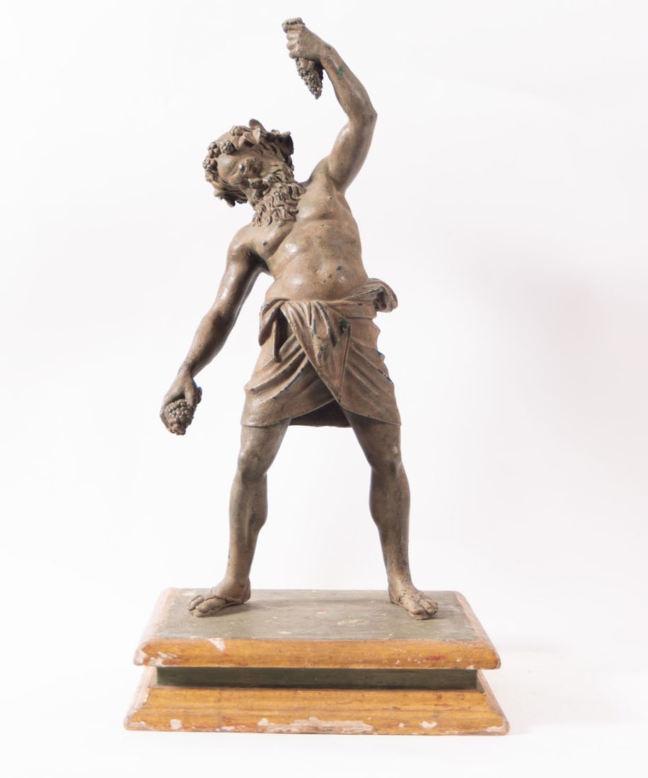 God Bacchus in Bronze according to Classic models, Neapolitan or Roman foundry of the 19th century: In bronze, with golden wood base, sculpture measures: 46 x 23 x 14 cm, total measures: 53 x 27 x 22 cm