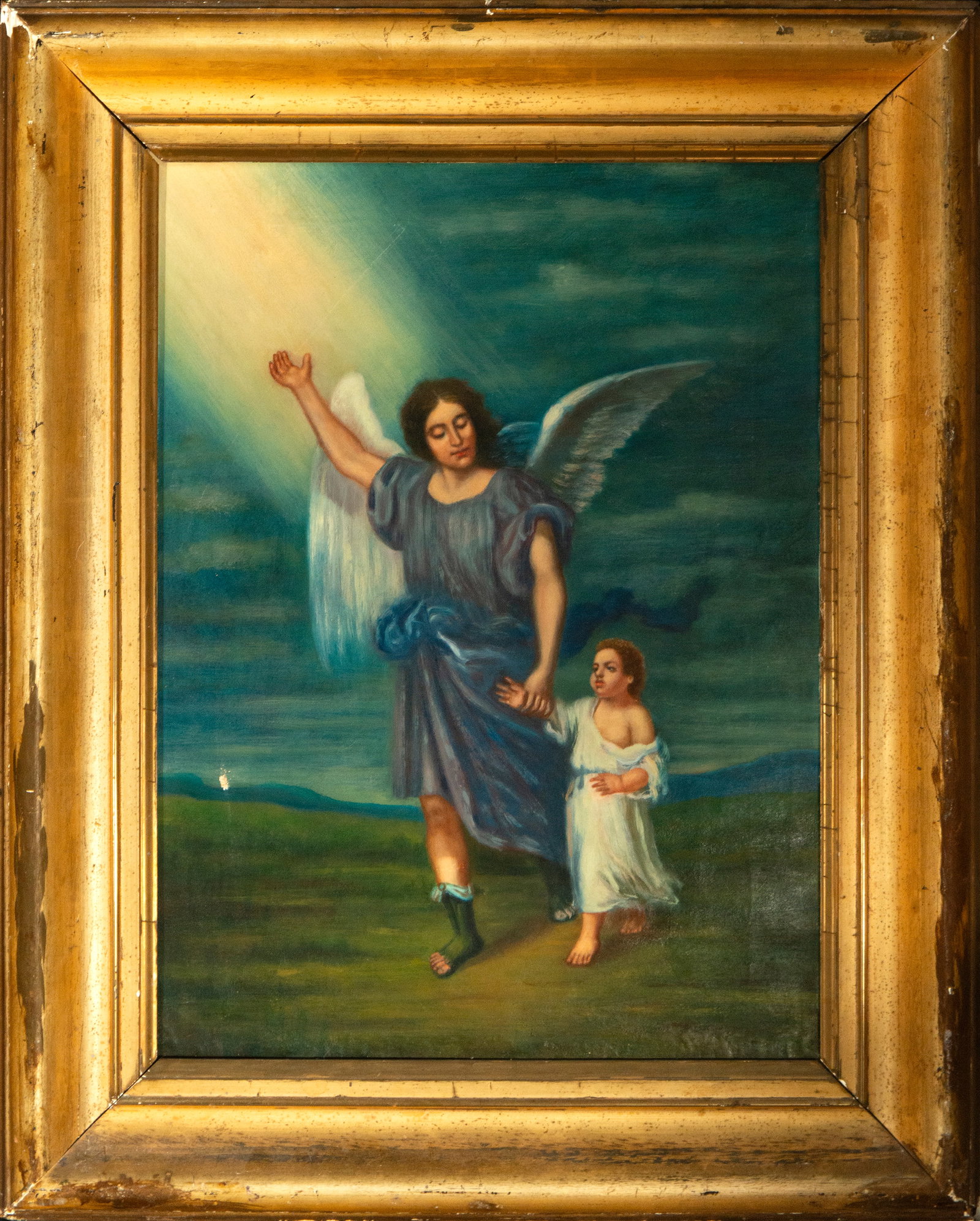 Guardian Angel. Spanish School. Late 19th - early 20th century.: Oil on canvas. Dimensions: 50 x 67 cm. The work depicts a standing angel, dressed in a blue tunic with outstretched wings, guiding a barefoot child under a stormy, greenish sky. A diagonal beam of lig