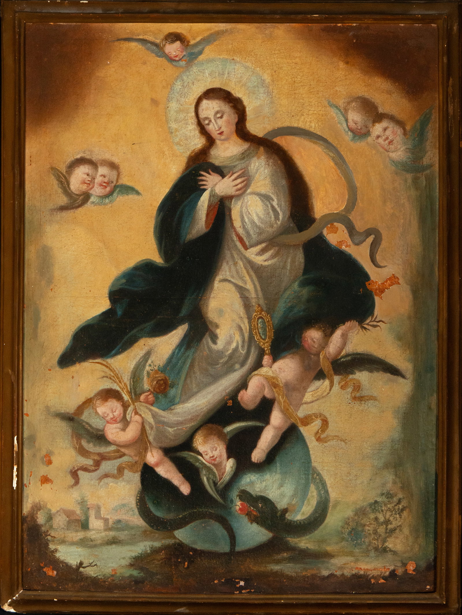 Immaculate Virgin. Spanish School. 18th - 19th centuries.: Oil on canvas. Dimensions: 54 x 61 cm; framed: 64 x 67 cm. The Virgin stands on a half-moon and a dragon, surrounded by cherubs who crown her and accompany her ascent. She wears a white tunic and a bl