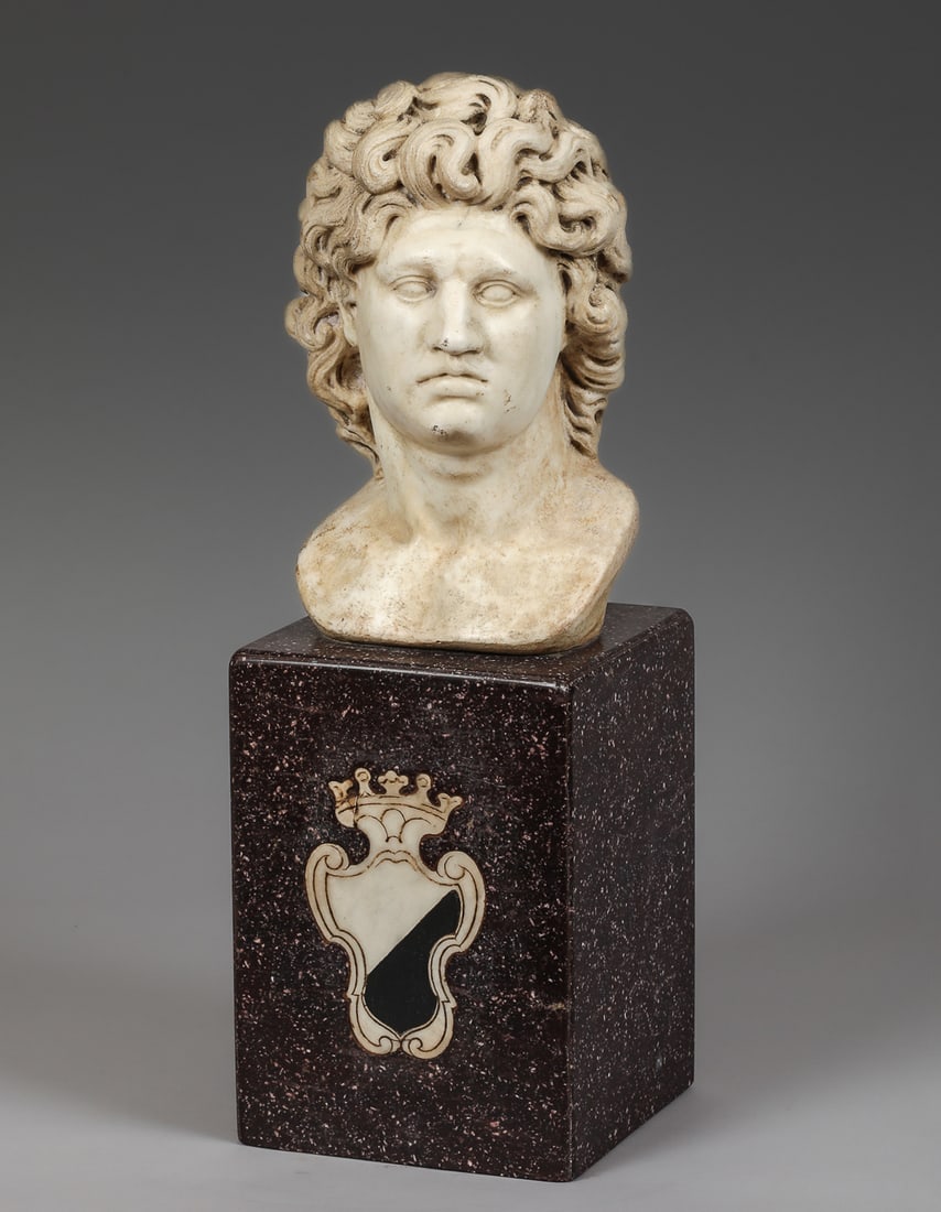 Male bust in the style of Antiquity, 18th century, on a pedestal with a royal coat of arms, Italy (1 of 2)