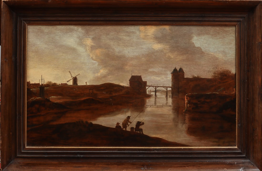 Frans de Hulst, Landscape with fishermen by the river at the entrance to a castle, Dutch School,: Oil on panel. Dimensions 41 x 72 cm; framed 87 x 96 cm. River landscape with fishermen on the riverbank, opposite the entrance to a fortified castle. The scene includes a mill, waterside buildings, a 