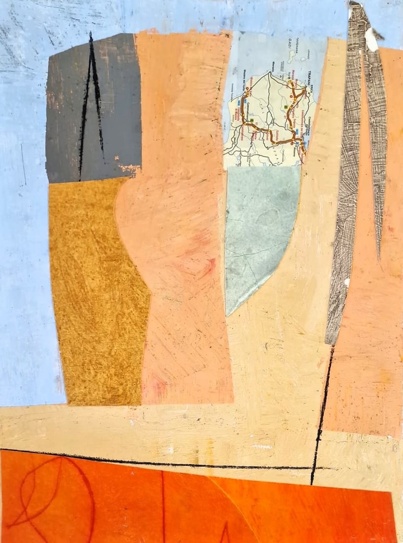 TOMMASO CASCELLA (Rome, 1951) - Senza titolo (2023): Collage and mixed media on canvas-covered cardboard. Dimensions: 40 x 30 cm. An intriguing abstract composition created through the superimposition of chromatic planes and material elements, character