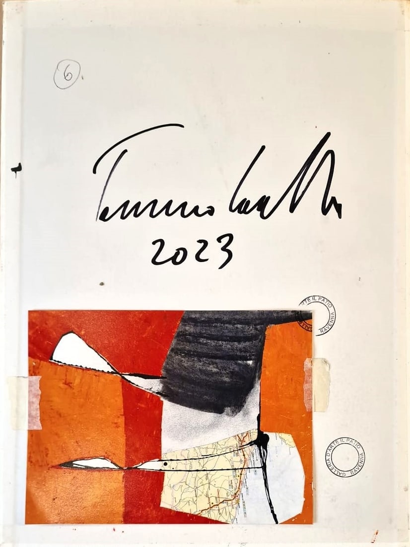 TOMMASO CASCELLA (Rome, 1951) - Senza titolo (2023): Collage and mixed media on canvas-covered cardboard. Dimensions: 40 x 30 cm. A dynamic abstract composition with a strong material and chromatic presence, created through a balanced combination of col