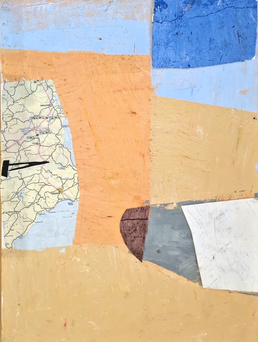 TOMMASO CASCELLA (Rome, 1951) - Senza titolo (2023): Collage and mixed media on canvas-covered cardboard. Dimensions: 40 x 30 cm. A refined abstract composition from Tommaso Cascella's recent work, constructed through a delicate interplay of chromatic s