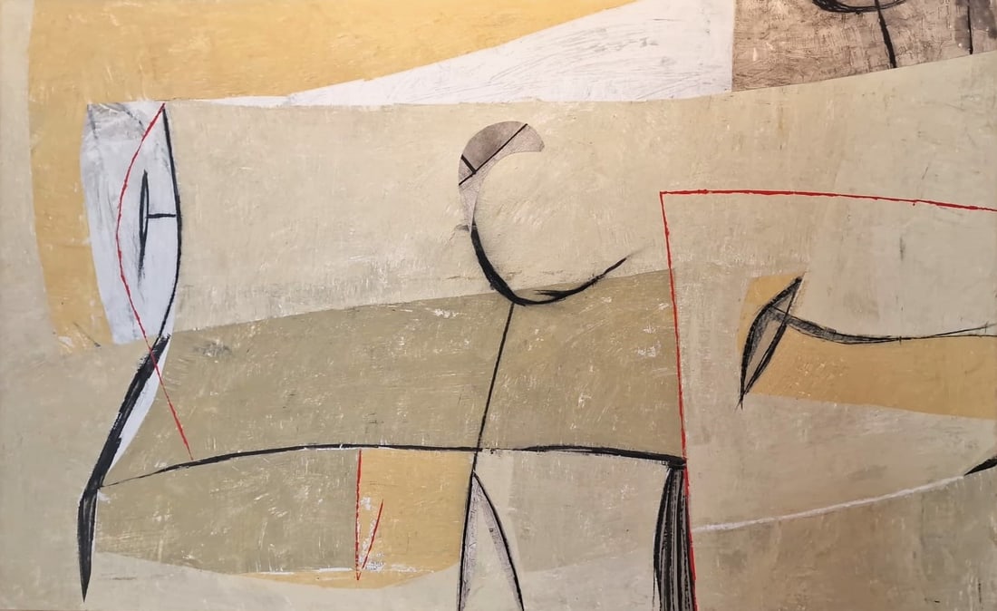 TOMMASO CASCELLA (Rome, 1951) - Esatta predisposizione (2017): Oil and collage on wood panel. Dimensions: 100 x 160 cm. An important abstract composition belonging to the mature artistic production of Tommaso Cascella, in which the artist develops a refined balan