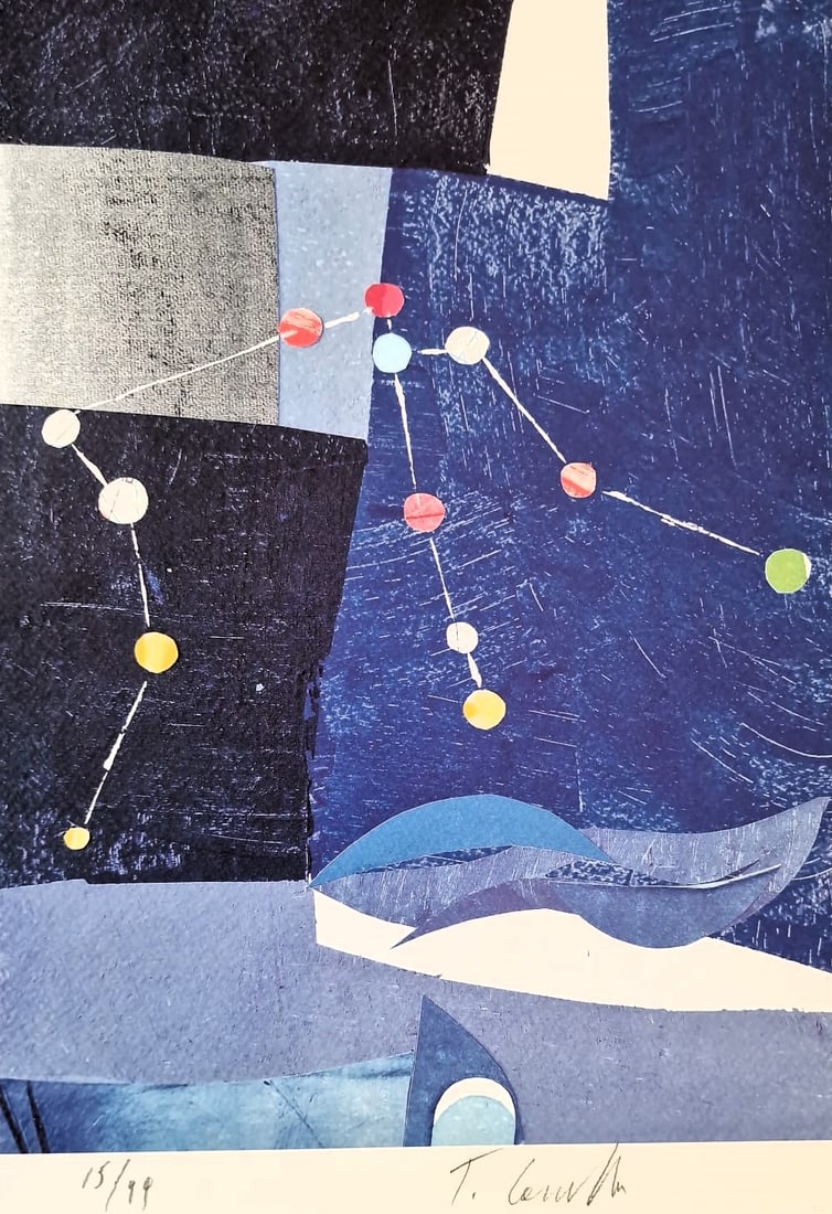 TOMMASO CASCELLA (Rome, 1951) - The zodiac: Aquarius (2020): Color lithograph on paper. Dimensions: 32 x 22 cm. A refined abstract composition from the series "The Zodiac," in which Tommaso Cascella interprets the sign of Aquarius through a visual language of s