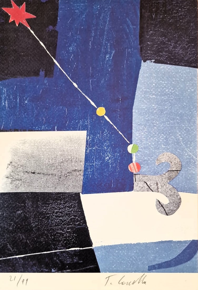 TOMMASO CASCELLA (Rome, 1951) - The zodiac: Aries (2020): Color lithograph on paper. Dimensions: 32 x 22 cm. An elegant abstract composition from the series "The Zodiac," in which Tommaso Cascella represents the sign of Aries through a sophisticated visual l
