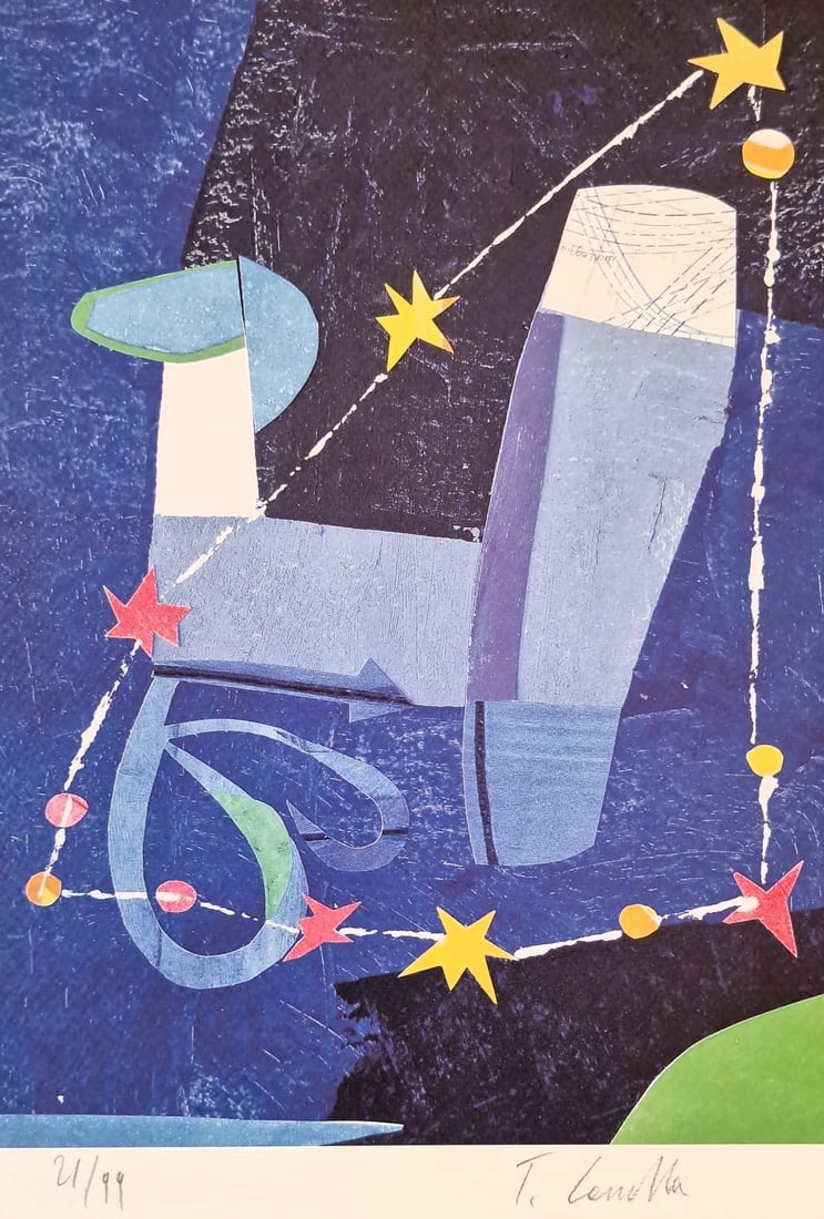 TOMMASO CASCELLA (Rome, 1951) - The zodiac: Capricorn (2020): Color lithograph on paper. Dimensions: 32 x 22 cm. A vibrant abstract composition from the series "The Zodiac," in which Tommaso Cascella interprets the sign of Capricorn through a complex symbolic co