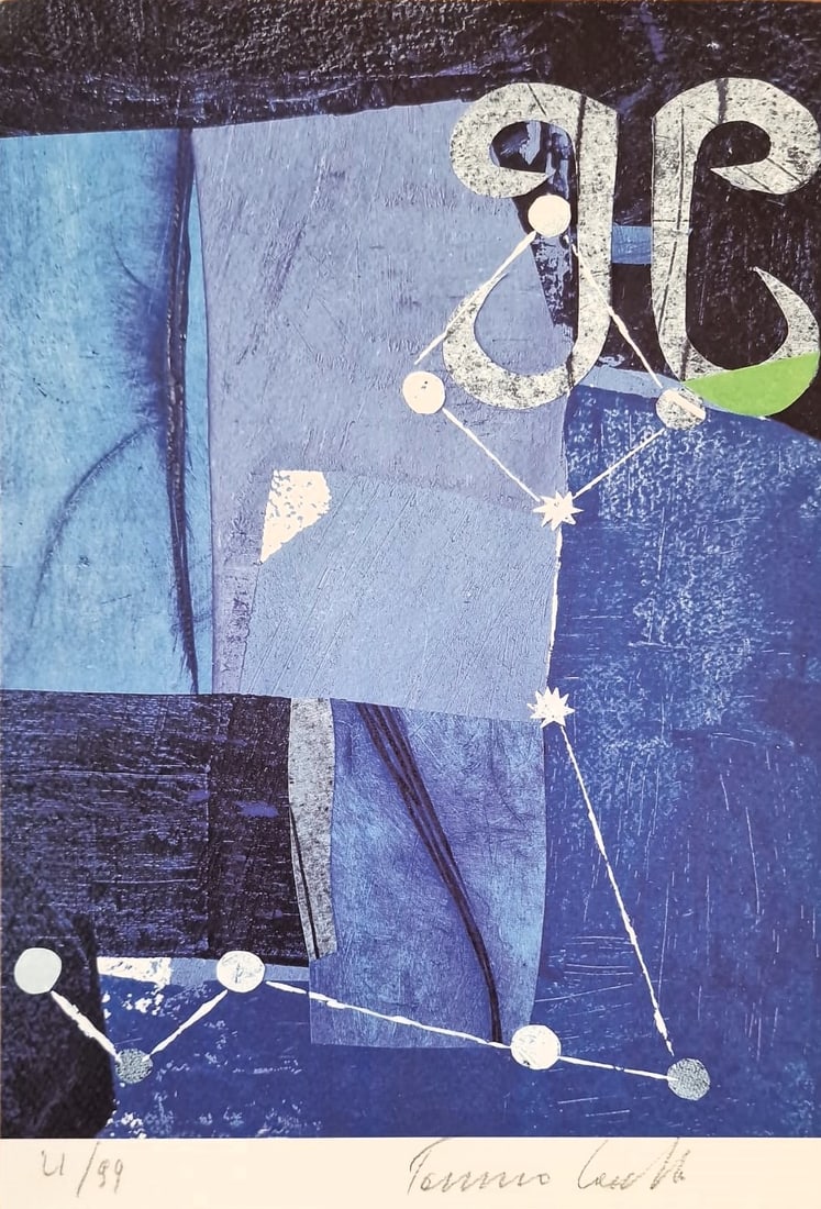 TOMMASO CASCELLA (Rome, 1951) - The zodiac: Pisces (2020): Color lithograph on paper. Dimensions: 32 x 22 cm. A poetic abstract composition from the series "The Zodiac," in which Tommaso Cascella interprets the sign of Pisces through a refined visual construc