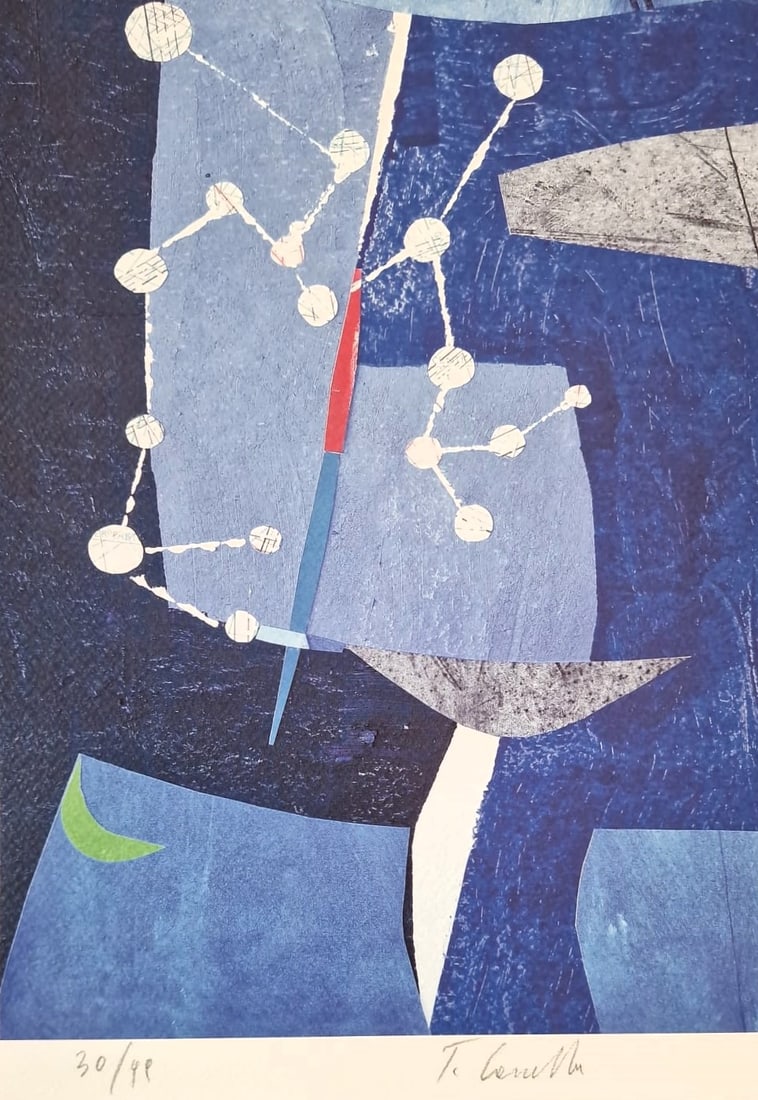 TOMMASO CASCELLA (Rome, 1951) - The zodiac: Sagittarius (2020): Color lithograph on paper. Dimensions: 32 x 22 cm. A refined abstract composition from the series "The Zodiac," in which Tommaso Cascella interprets the sign of Sagittarius through a complex symbolic 