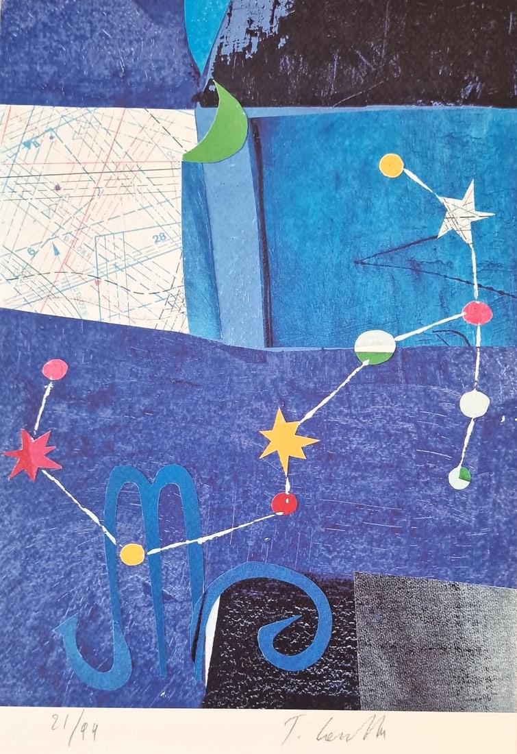 TOMMASO CASCELLA (Rome, 1951) - The zodiac: Scorpio (2020): Color lithograph on paper. Dimensions: 32 x 22 cm. Expressive abstract composition belonging to the series "The Zodiac," in which Tommaso Cascella interprets the sign of Scorpio through a sophisticate