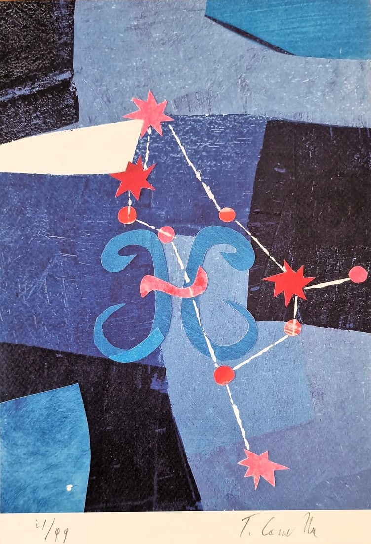 TOMMASO CASCELLA (Rome, 1951) - The zodiac: Gemini (2020): Color lithograph on paper. Dimensions: 32 x 22 cm. A suggestive abstract composition from the series "The Zodiac," in which Tommaso Cascella interprets the sign of Gemini through a balanced visual con
