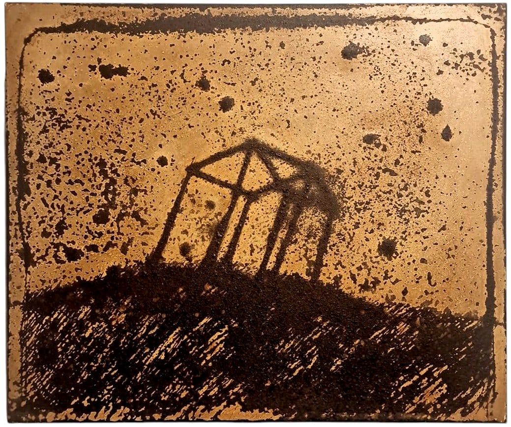 GRAZIANO POMPILI (Modena, 1954) - Mia terra (2002): Mixed media on metal plate, enamel, and oxidized surface applied to a wooden panel. Dimensions: 38 x 45 x 5 cm. An intense, expressive composition created through a sophisticated combination of mixed 