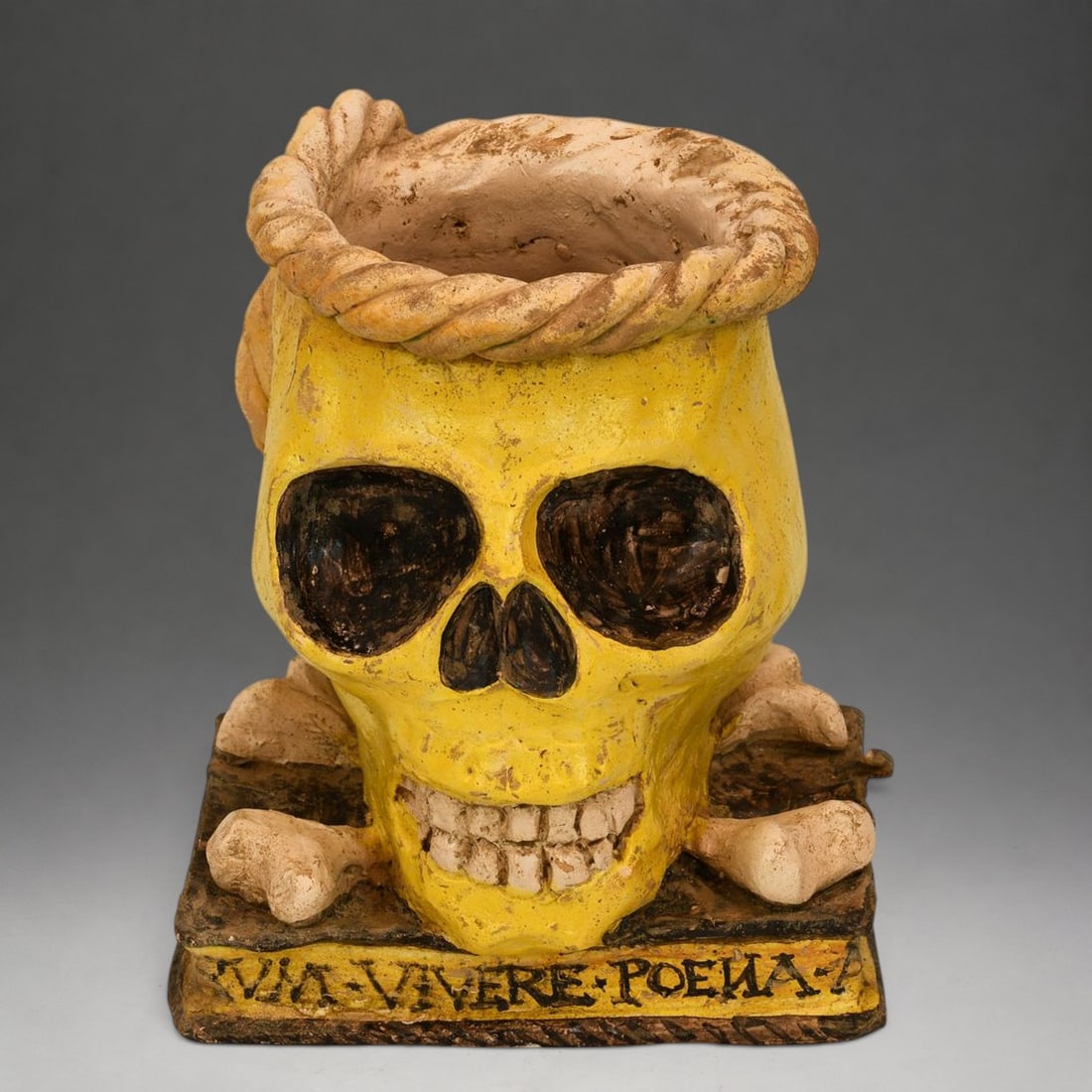 Vanitas, majolica from Caltagirone, Sicily, 20th century: Polychrome majolica. Dimensions: 21 x 18 cm. A unique ceramic composition made of Caltagirone majolica, depicting an allegory of Vanitas, with a skull placed upon a book accompanied by a Latin inscrip