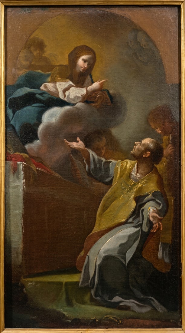 Antonio González Velázquez (Madrid, 1723 – 1793) - The apparition of the Virgin to Saint Philip: Oil on canvas. Dimensions: 45 x 00 cm. This religious composition, attributed to Antonio González Velázquez, depicts the apparition of the Virgin Mary to Saint Philip Neri within an atmosphere of in