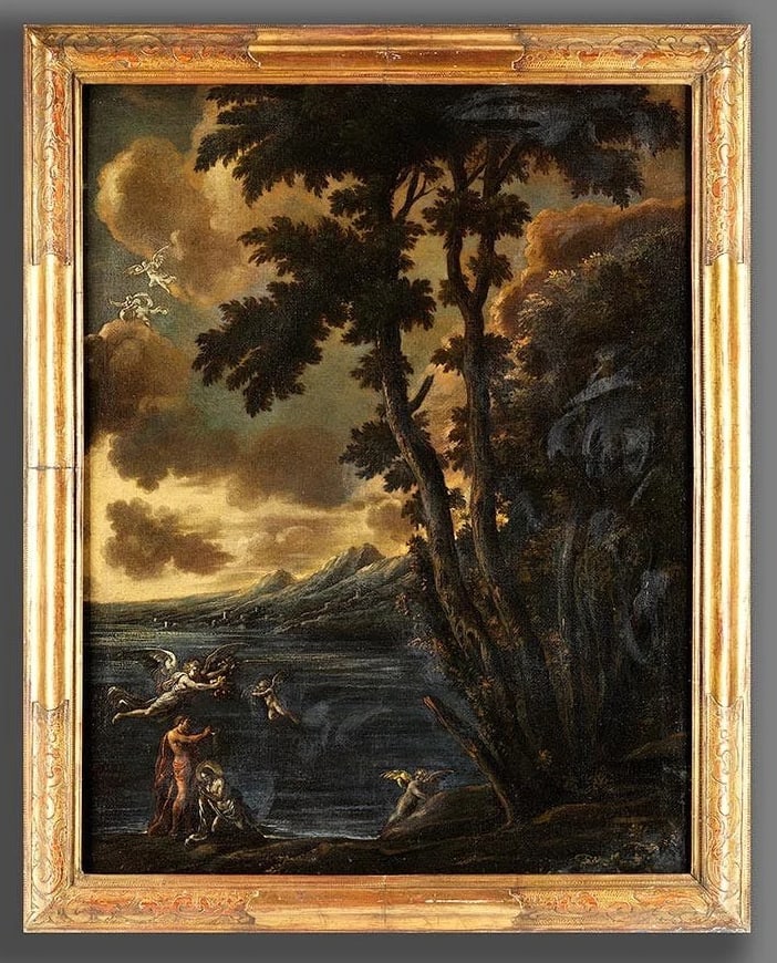 Attributed to Agostino Tassi (Perugia, 1578 – Rome, 1644) - The Baptism of Christ: Oil on canvas. Dimensions: 95 x 70 cm. An important religious composition attributed to Agostino Tassi, depicting the baptism of Christ in the Jordan, a central episode of the New Testament in which S