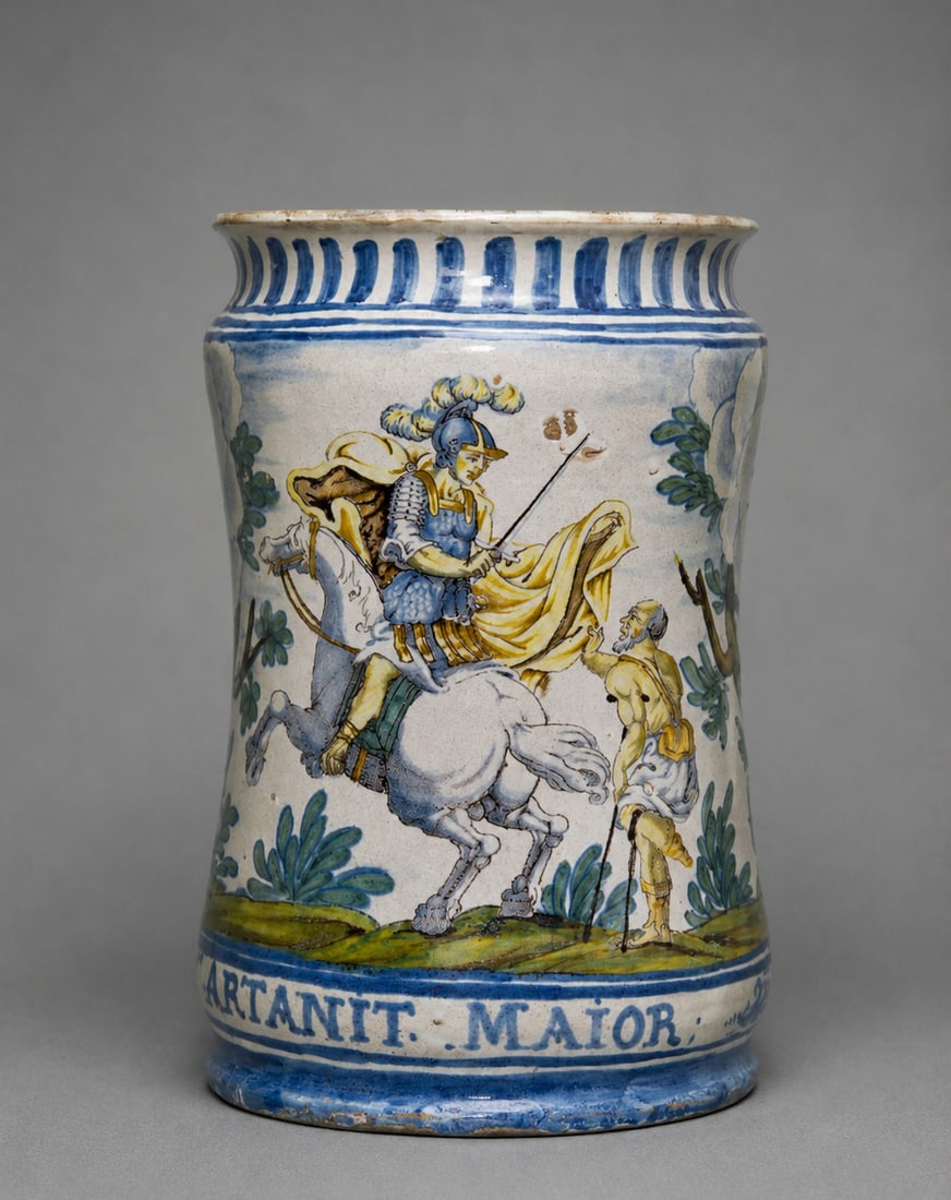 Albarello of Naples, Hospital of San Martino, dated 1703, Italy, 18th century: Hand-painted and glazed ceramic. Measures 28.5 cm in height. An important Neapolitan albarello (medicinal apothecary jar) made in 1703, decorated in polychrome on a tin-glazed background with a figura