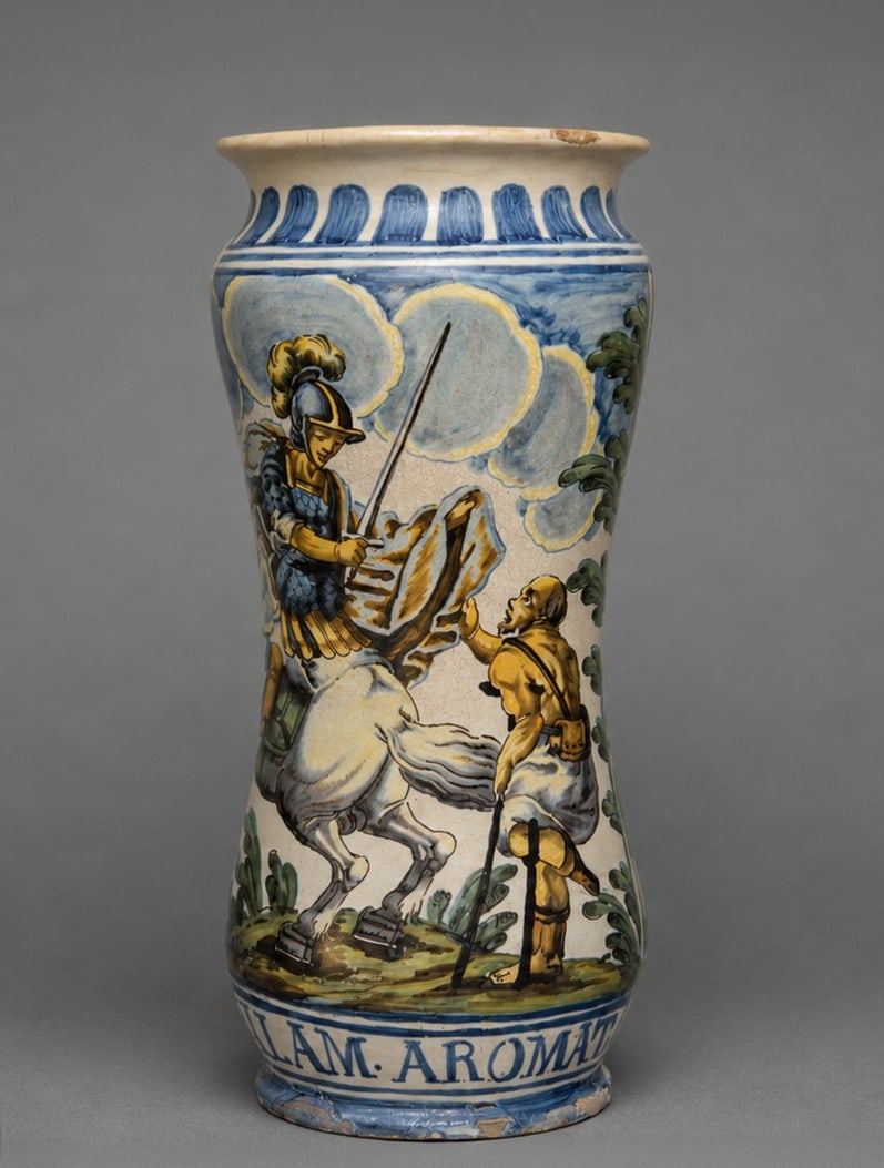 Albarello of Naples, Hospital of San Martino, dated 1698, Italy, 17th century: Hand-painted and glazed ceramic. Measures 27 cm in height. Exceptional Neapolitan albarello made in 1698, decorated in polychrome on a tin-glazed background with a depiction of Saint Martin on horseba