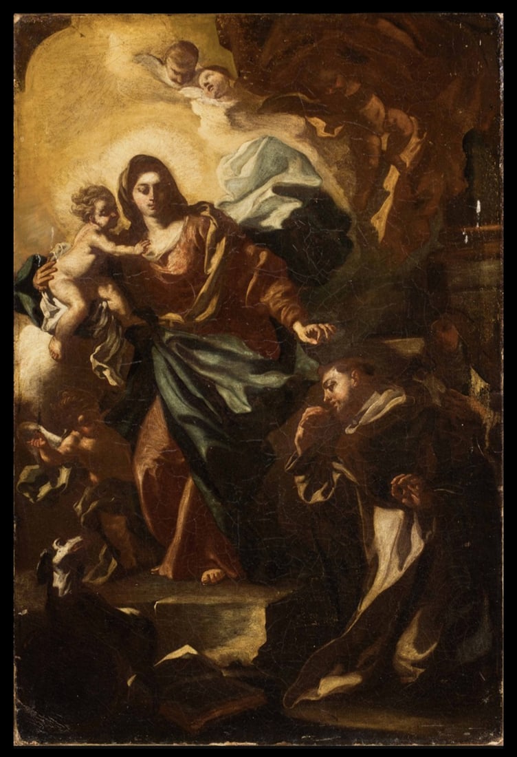 Francesco De Mura (Naples, 1696 – 1782) - The Virgin and Child giving the rosary to Saint Dominic: Oil on canvas. Dimensions: 74 x 49 cm. An important preparatory sketch attributed to Francesco De Mura, depicting the Virgin and Child presenting the rosary to Saint Dominic, within a composition of i