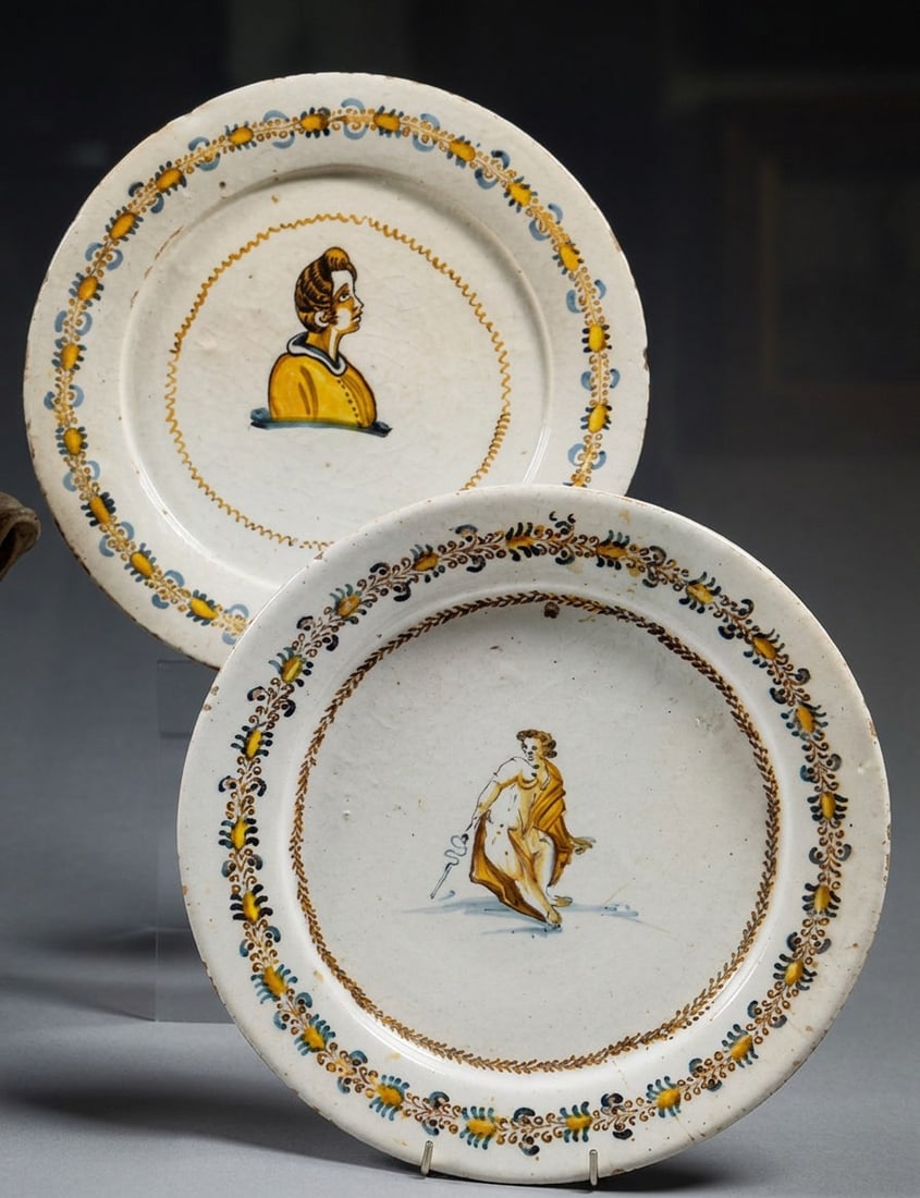 Pair of compendium plates from Castelli, Italy, 17th century: Hand-painted and glazed ceramic. Measurements: cm. This set comprises a pair of compendium plates made in Castelli, an important majolica production center in the Abruzzo region during the 17th centur
