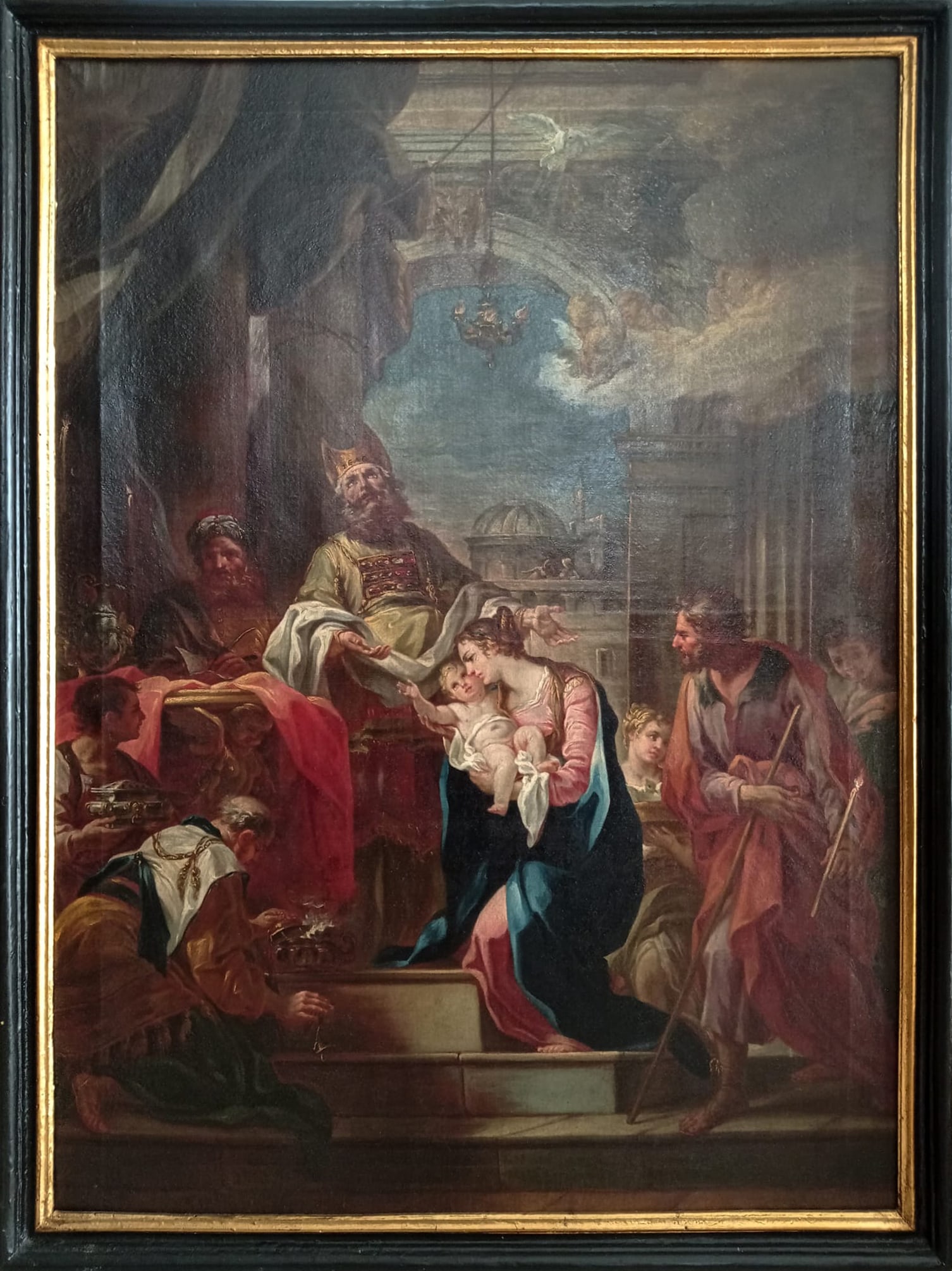 Corrado Giaquinto (Molfetta, 1703 – Naples, 1766) Attributed - The Presentation of Jesus in the: Oil on canvas. Dimensions: 102 x 76 cm. An important religious composition attributed to Corrado Giaquinto, depicting the Presentation of Jesus in the Temple, one of the most significant episodes of C