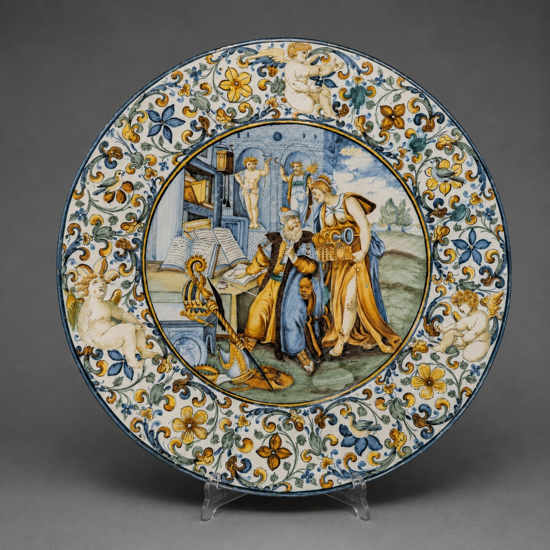 Bernardino Gentili il Vecchio (Castelli, active 17th century), majolica plate from Castelli, Italy,: Polychrome majolica. Dimensions: 35 cm in diameter. An exceptional narrative plate made in the renowned workshops of Castelli during the 17th century and attributed to Bernardino Gentili il Vecchio, o