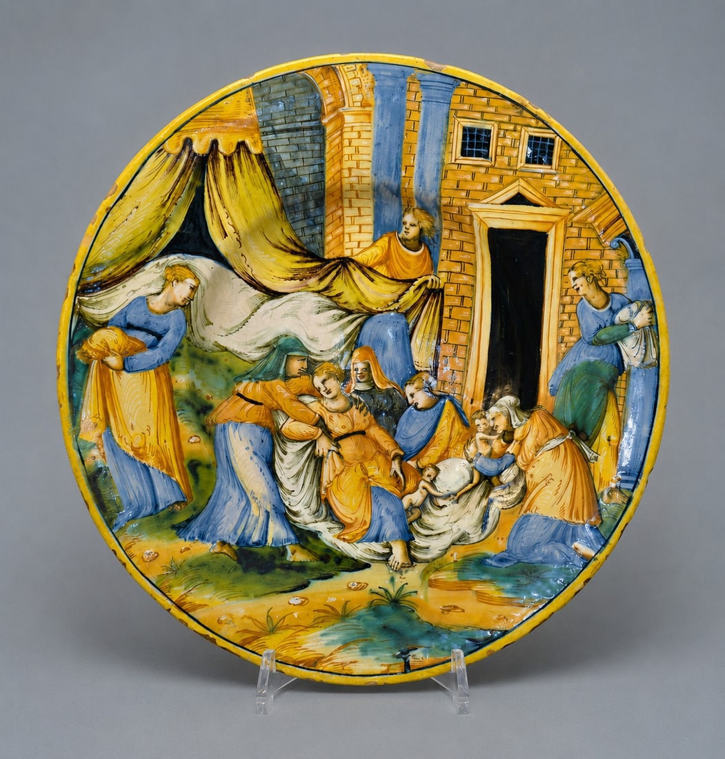 Historic plate from Urbino, Italy, 16th century: Polychrome majolica. Dimensions: 28 cm in diameter. An important narrative plate made in Urbino during the 16th century, one of the most prestigious workshops of Italian Renaissance majolica. The cent