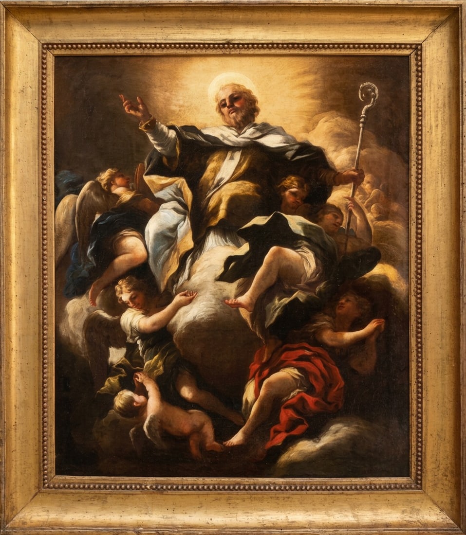Luca Giordano (Naples, 1634 – 1705) Attributed - Glory of Saint Nicholas: Oil on canvas. Dimensions: 76.5 x 63.5 cm. An important Baroque composition attributed to Luca Giordano, one of the leading figures of Neapolitan painting of the 17th century and a key figure of the E