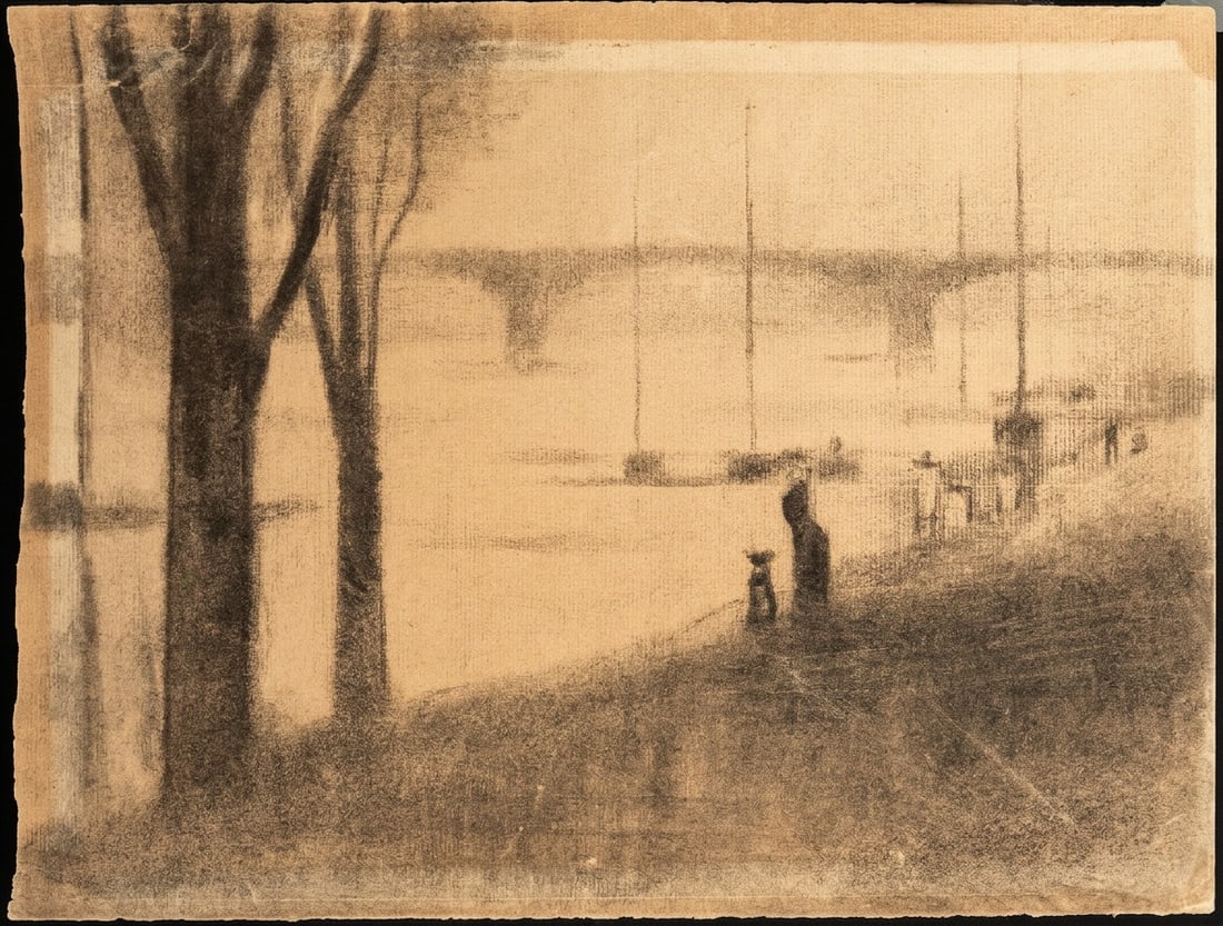 Georges Seurat (Paris, 1859 – Paris, 1891) Attributed - Courbevoie Bridge, left bank (c.1883-1885): Conté crayon on Michallet paper with watermark. Dimensions: 23.5 x 31.2 cm. Atmospheric and extraordinarily sensitive to light, this drawing depicts a view of the Seine with the Courbevoie Bridge in 