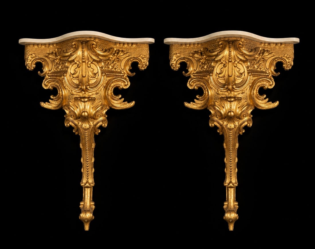 Important Pair of Rococo Venetian Corner Cabinets: In gilded wood with gold leaf and marble. Provenance: private collection, Barcelona. 115x75x55cm