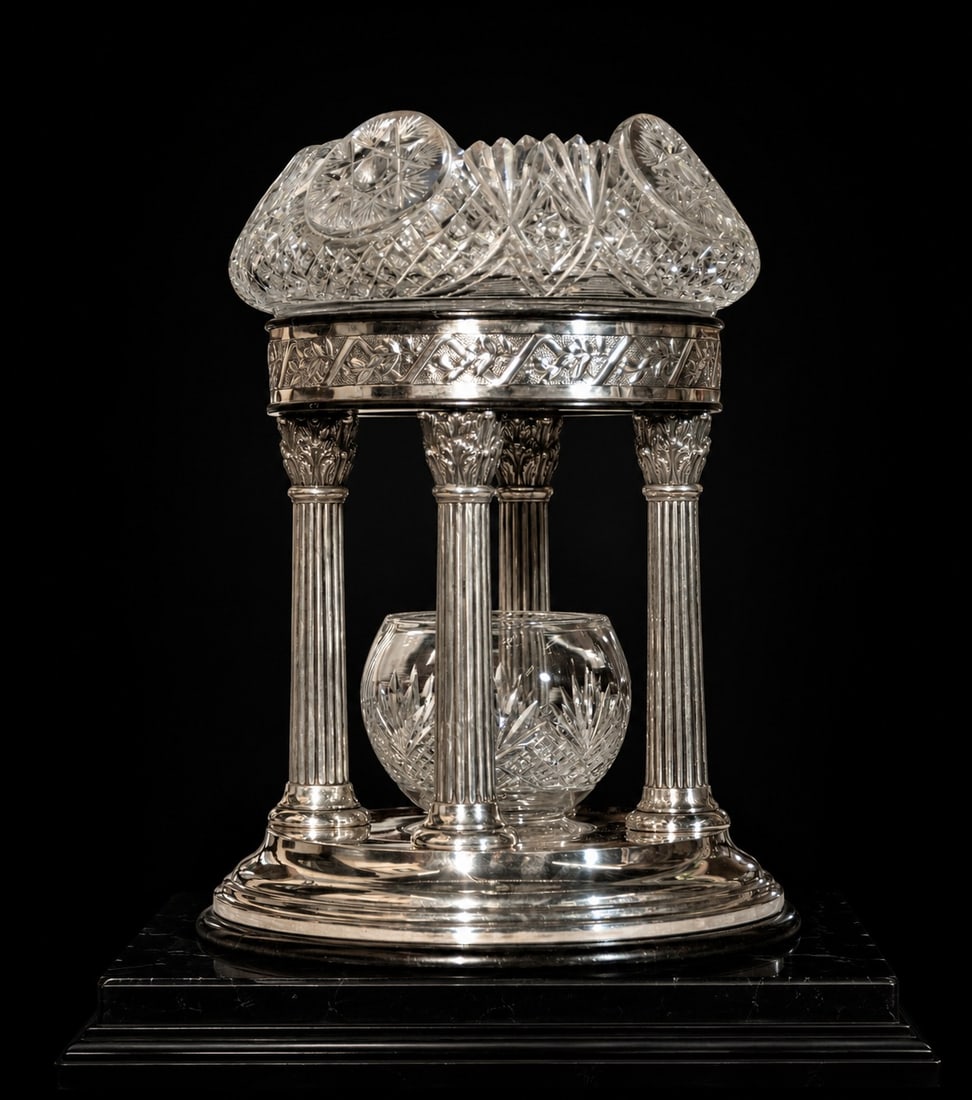 Important Centerpiece in Silver and Cut Baccarat Crystal, 20th Century: Weight in silver only, 1150g. 36 x 25 cm. Provenance: private collection, Barcelona.