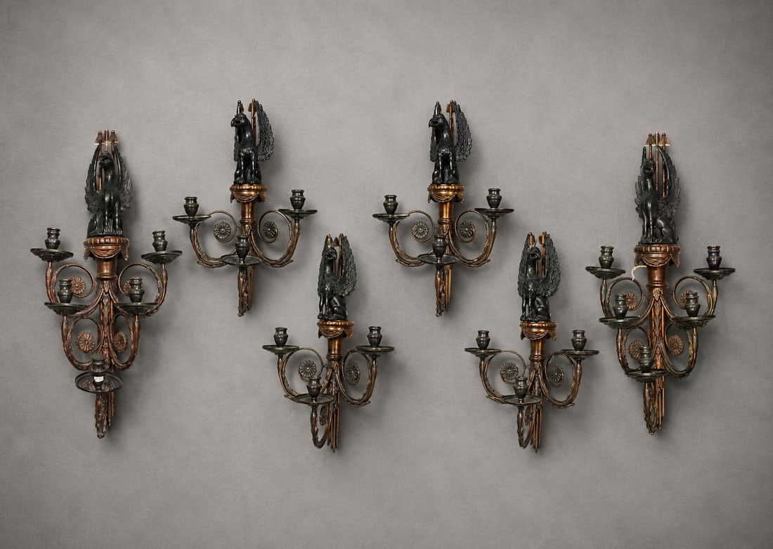 Exceptional set of 6 large Pierre Lotier wall sconces, 20th century: Provenance: private collection, Barcelona. Measurements large pair (X2) 78 x 38 cm, measurements small pair (X4) 68 x 38 cm. Electrified.