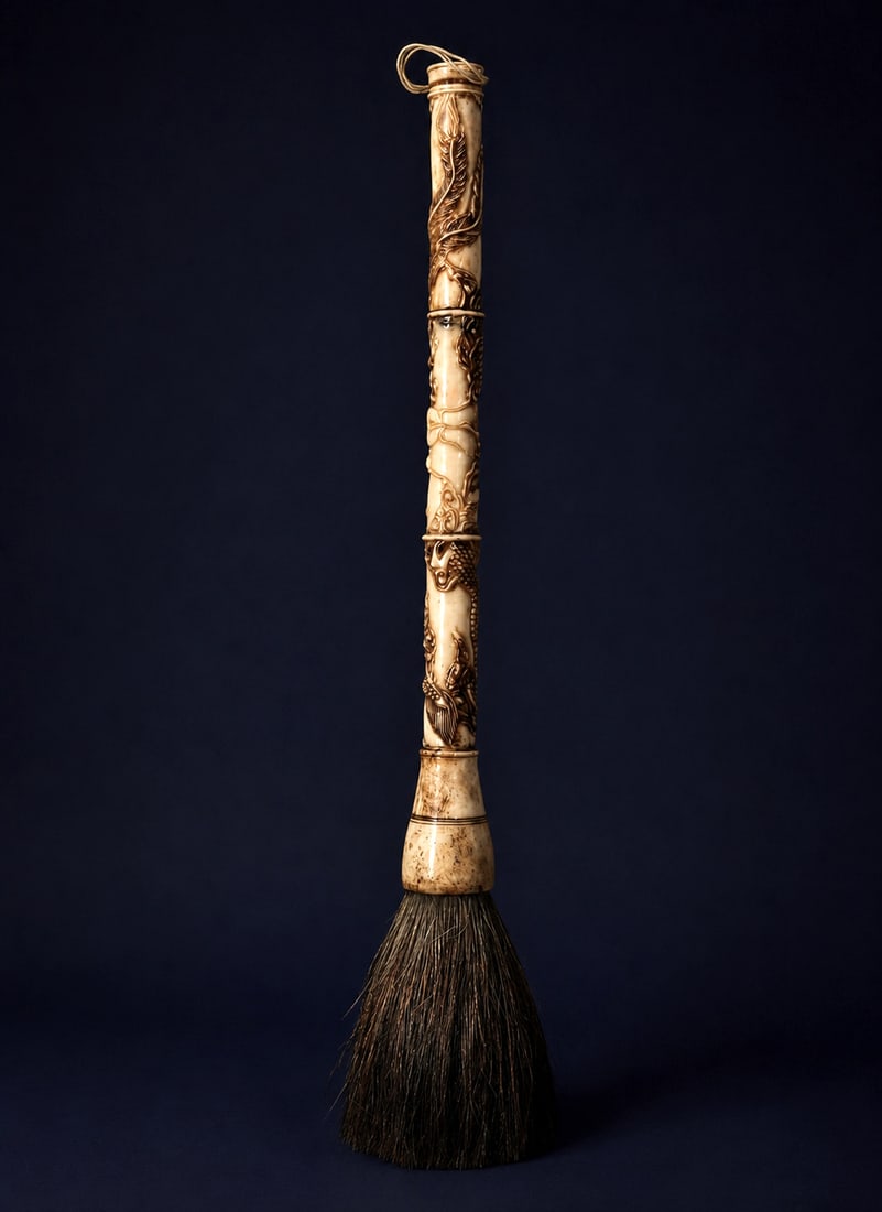 Exceptional Large Sage Brush in Qing Dynasty Chinese Bone: Bone and horsehair, 45 cm