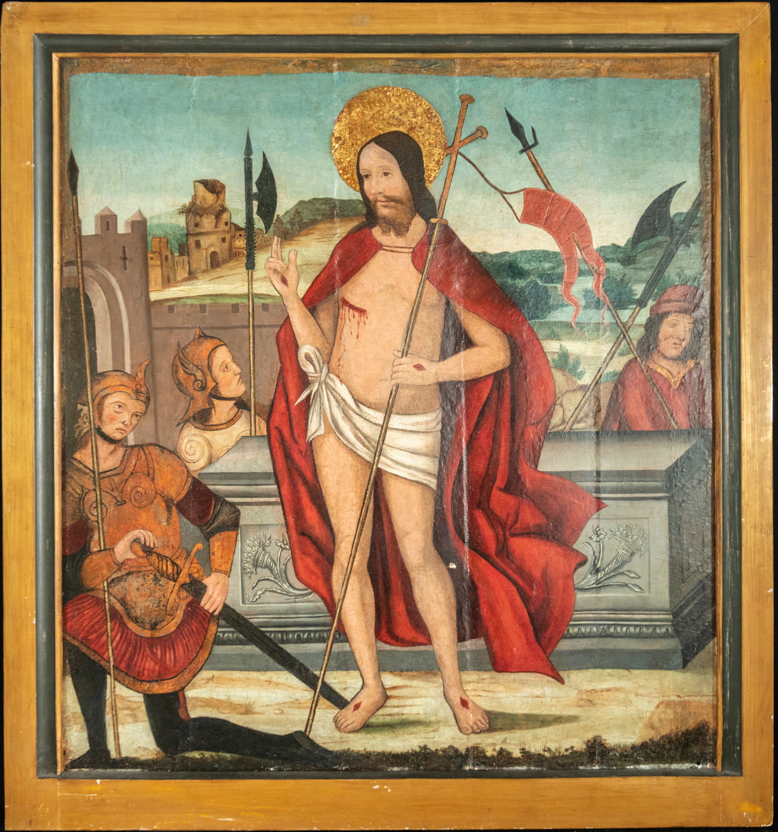 FEATURED LOT - MASTER OF PORTILLO (ACTIVE IN VALLADOLID, CIRCA 1500-1510) ATTRIBUTED TO THE 15TH -: Large oil painting on panel of the Risen Christ. Dimensions 105 x 96 cm framed, dimensions of panel 95 x 85 cm. Provenance: important private collection. Reference bibliography: ANGULO ?ÑIGUEZ, Diego