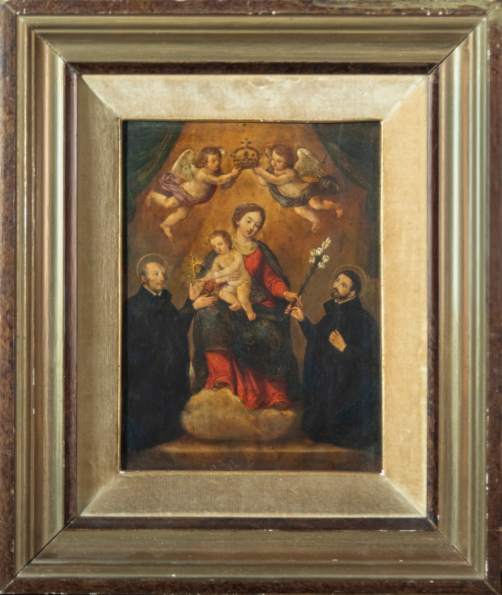 FEATURED LOT - Exquisite Colonial Copper, Mexico - New Spanish Colonial School - 17th Century: Representing the Blessed Virgin Mary alongside Saint Ignatius of Loyola and Saint Dominic of Guzman, oil on copper measuring: 28 x 23 cm, framed measurements: 33 x 29 cm.