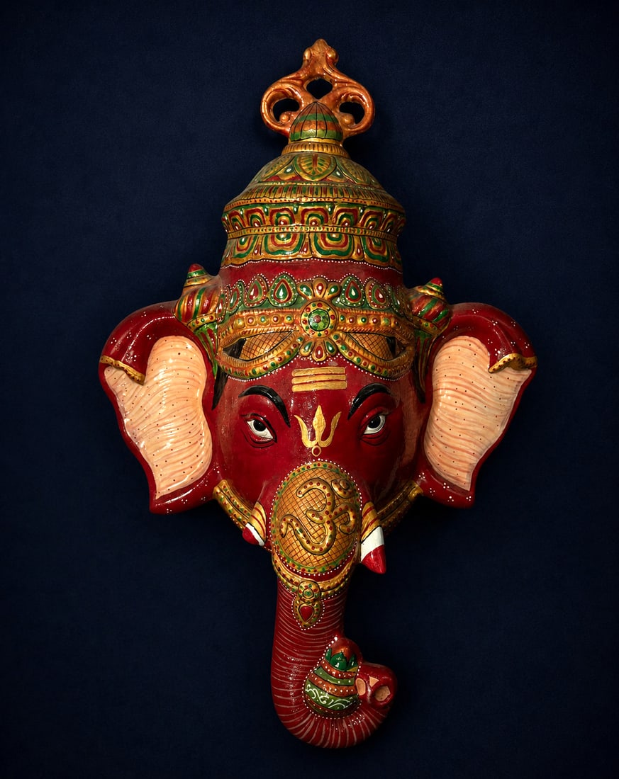 Large Painted Iron Head of Ganesh, India - 20th Century: Measures 65 x 45 cm, made of painted iron, good condition